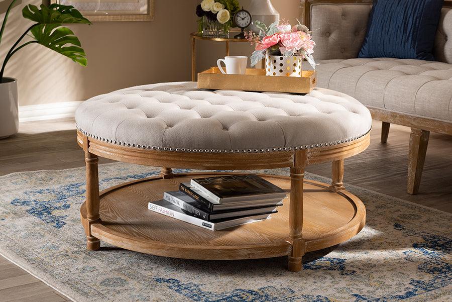 Wholesale Interiors Ottomans & Stools - Ambroise French Provincial Beige Linen Fabric Upholstered and White-Washed Oak Wood