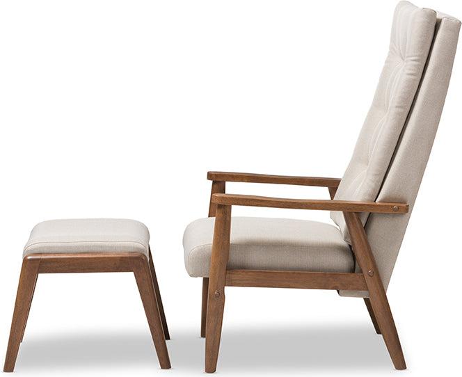 Wholesale Interiors Living Room Sets - Roxy Mid-Century Modern Wood and Beige Fabric High-Back Lounge Chair and Ottoman Set