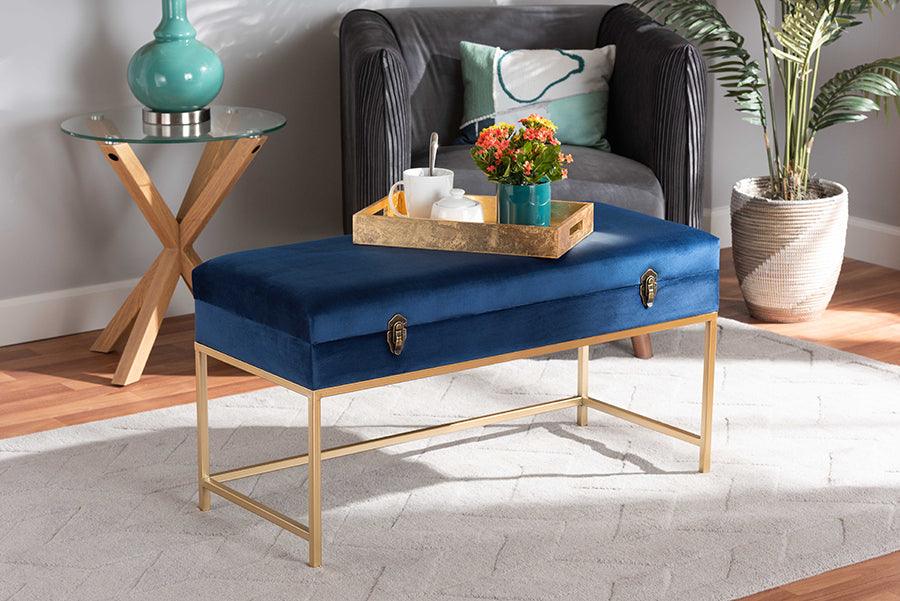 Wholesale Interiors Ottomans & Stools - Aliana Navy Blue Velvet Fabric Upholstered and Gold Finished Metal Large Storage Ottoman