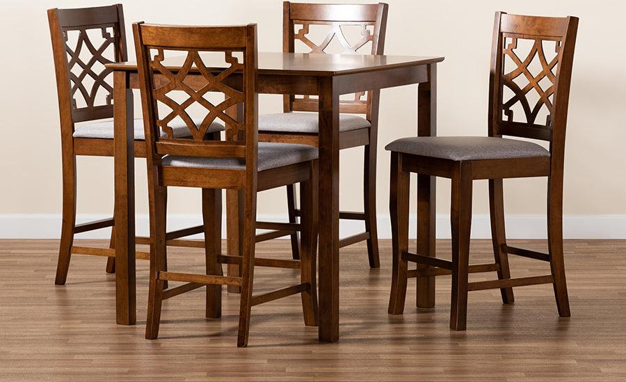 Wholesale Interiors Dining Sets - Nisa Grey Fabric Upholstered Walnut Brown Finished Wood 5-Piece Pub Set