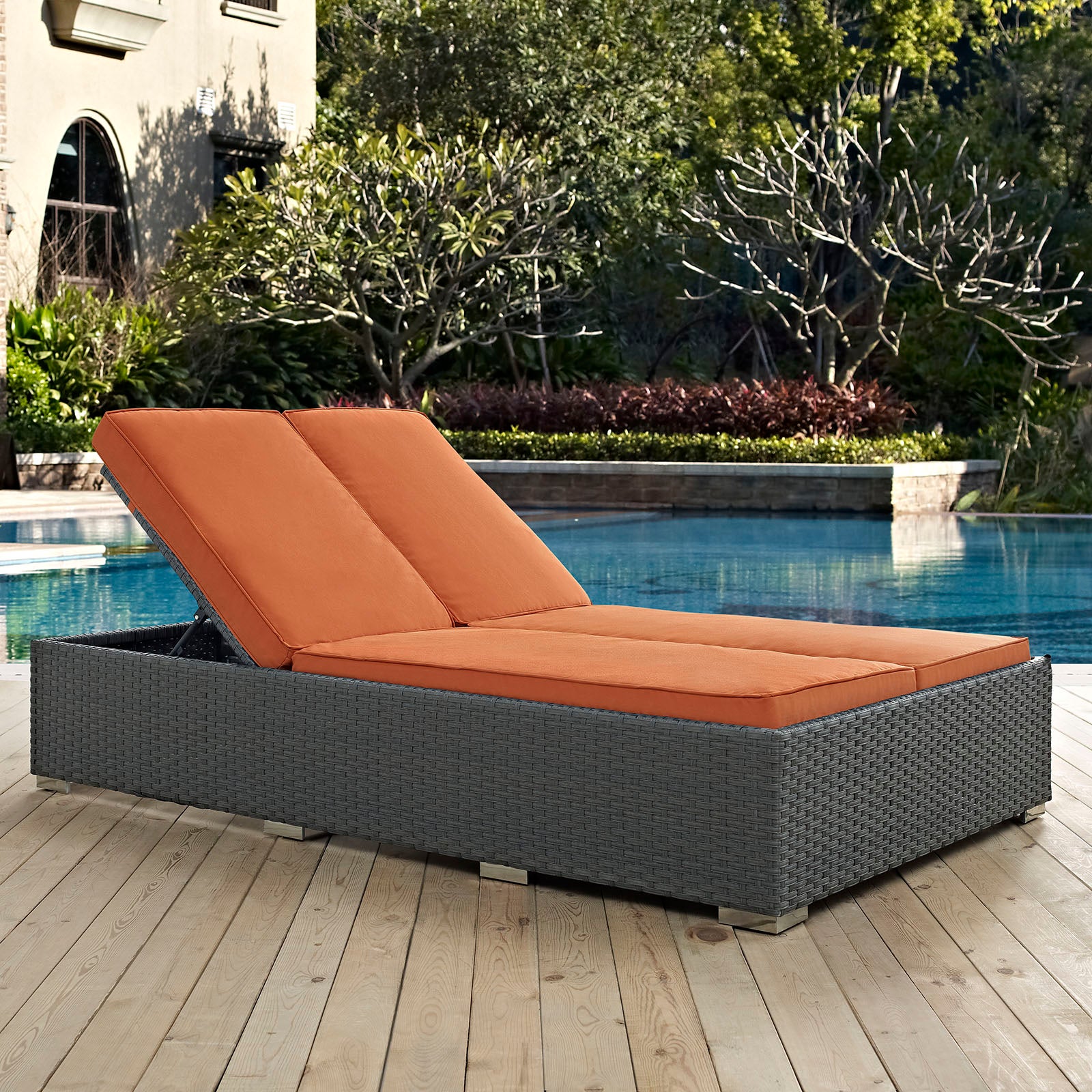 Modway Outdoor Loungers - Sojourn Outdoor Patio Sunbrella Double Chaise Chocolate Tuscan