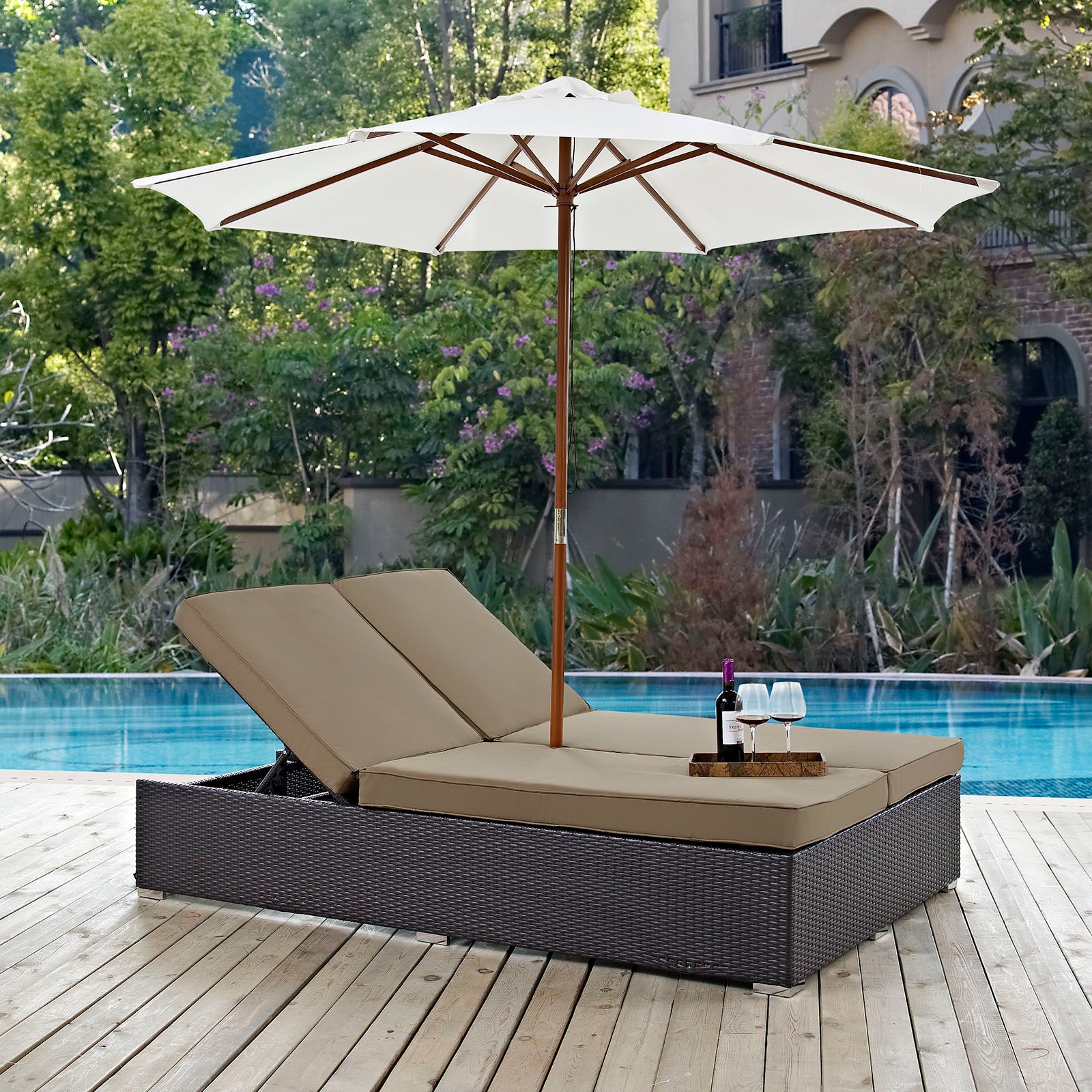 Modway Outdoor Loungers - Convene Double Outdoor Chaise Espresso Mocha