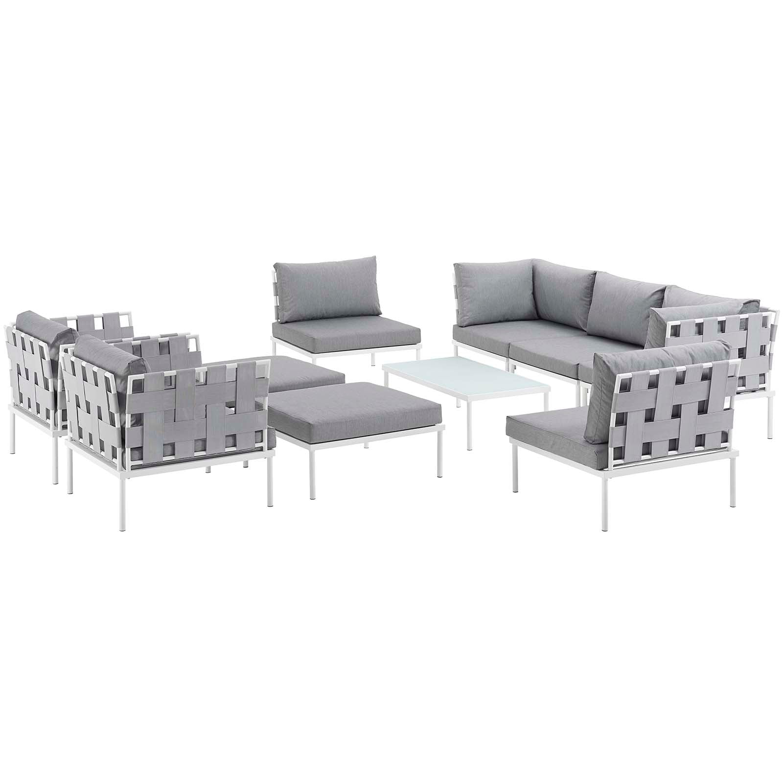 Modway Outdoor Conversation Sets - Harmony 10 Piece Outdoor Patio Aluminum Sectional Sofa Set White Gray