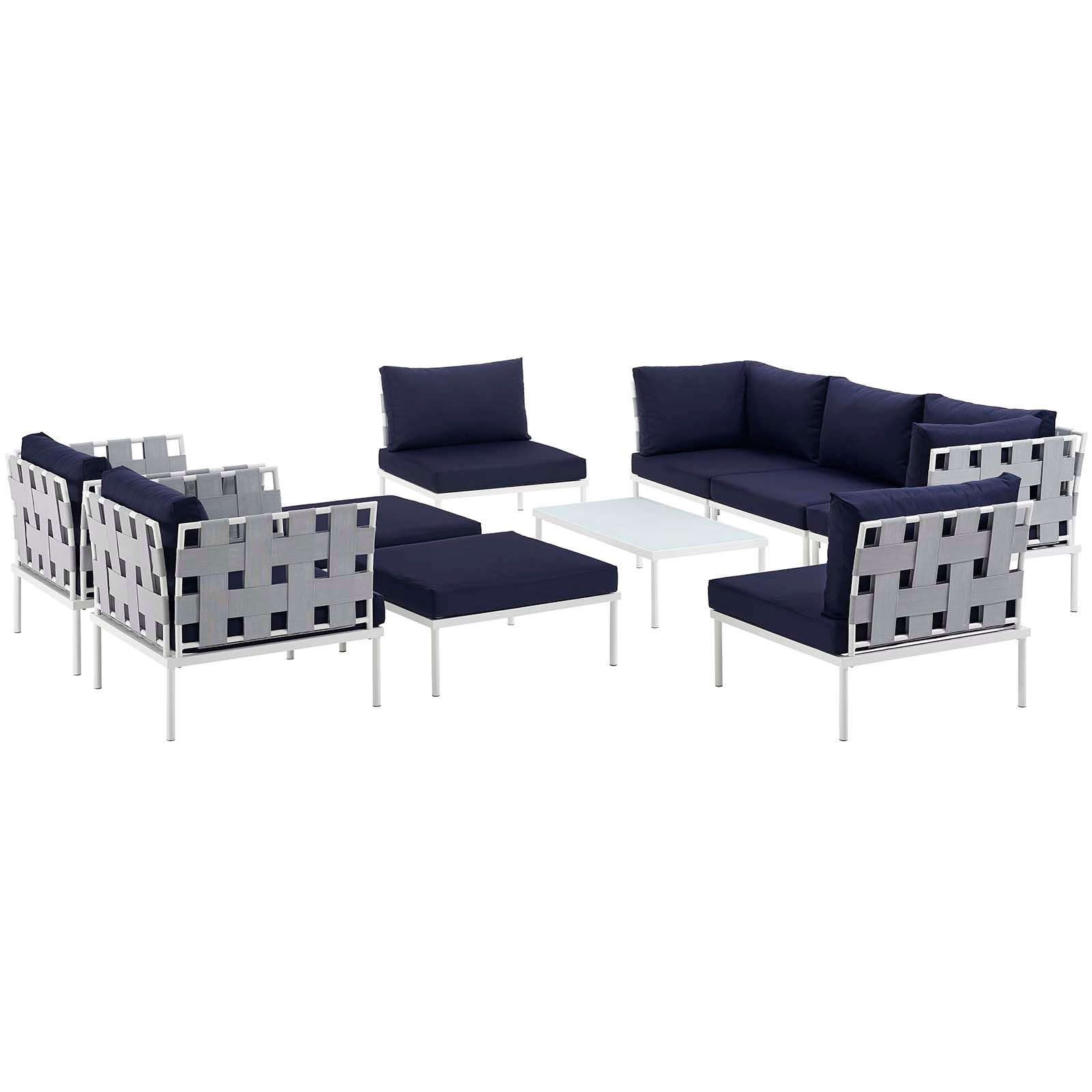 Modway Outdoor Sofas - Harmony 10 Piece Outdoor Patio Aluminum Sectional Sofa Set White Navy