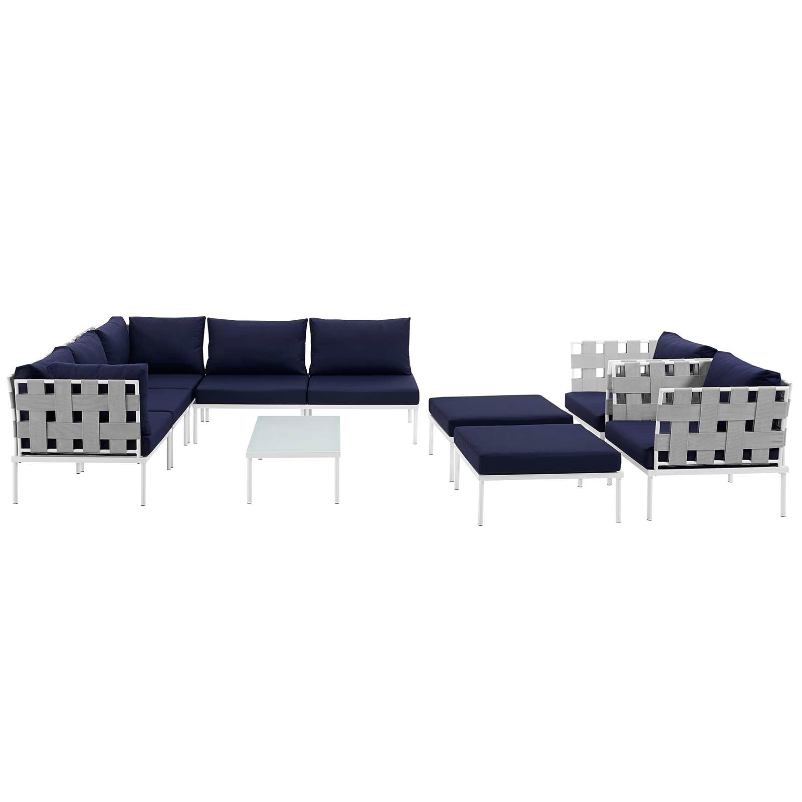 Modway Outdoor Sofas - Harmony 10 Piece Outdoor Patio Aluminum Sectional Sofa Set White Navy