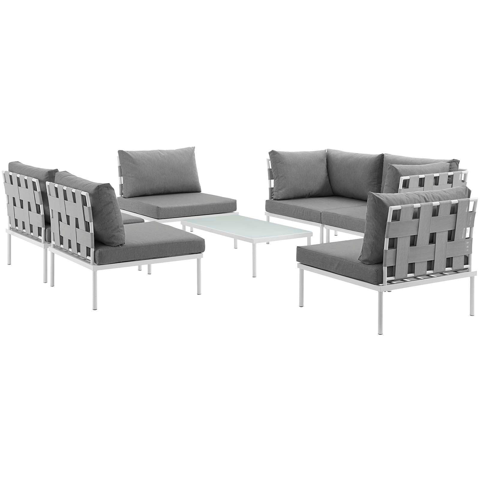 Modway Outdoor Conversation Sets - Harmony 132" 7 Piece Outdoor Patio Aluminum Sectional Sofa Set White Gray