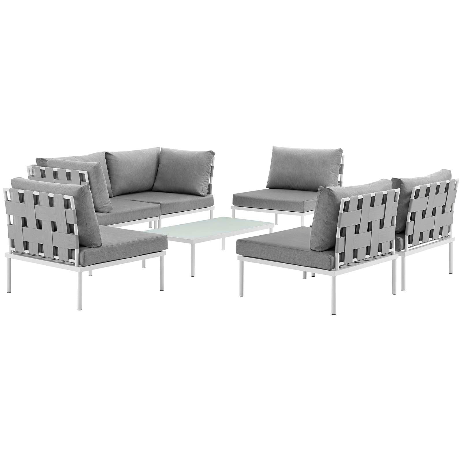 Modway Outdoor Conversation Sets - Harmony 132" 7 Piece Outdoor Patio Aluminum Sectional Sofa Set White Gray