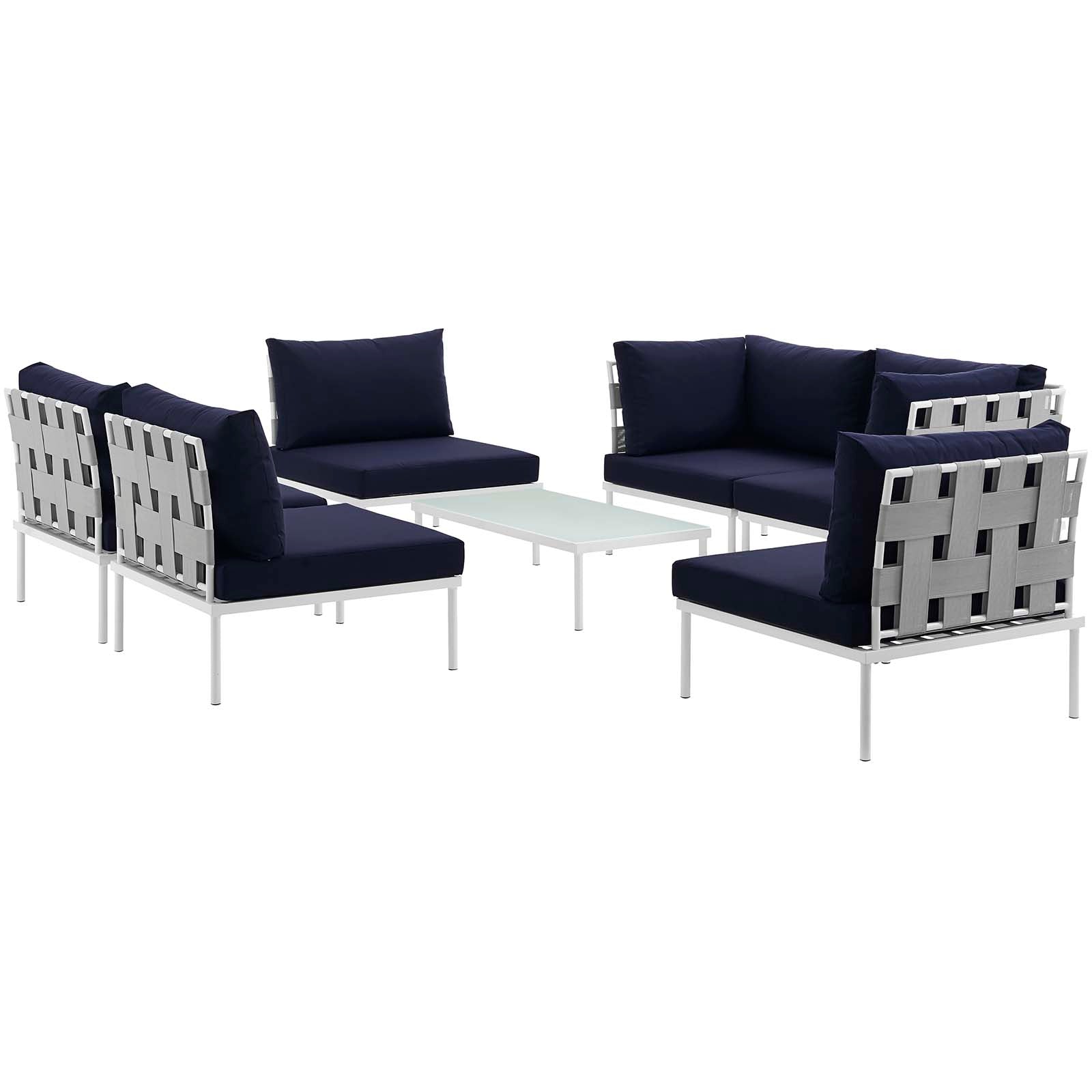 Modway Outdoor Sofas - Harmony 7 Pc Outdoor Patio Aluminum Sectional Sofa Set White Navy
