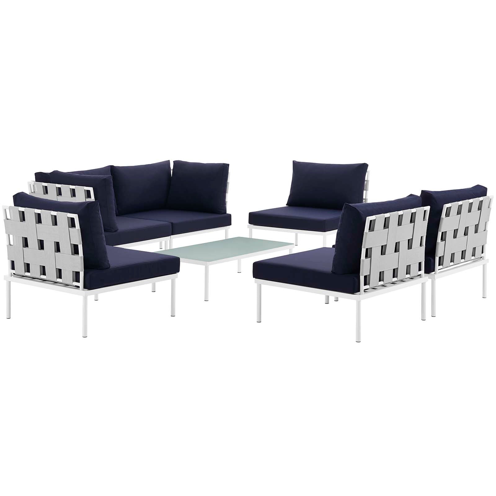 Modway Outdoor Sofas - Harmony 7 Pc Outdoor Patio Aluminum Sectional Sofa Set White Navy