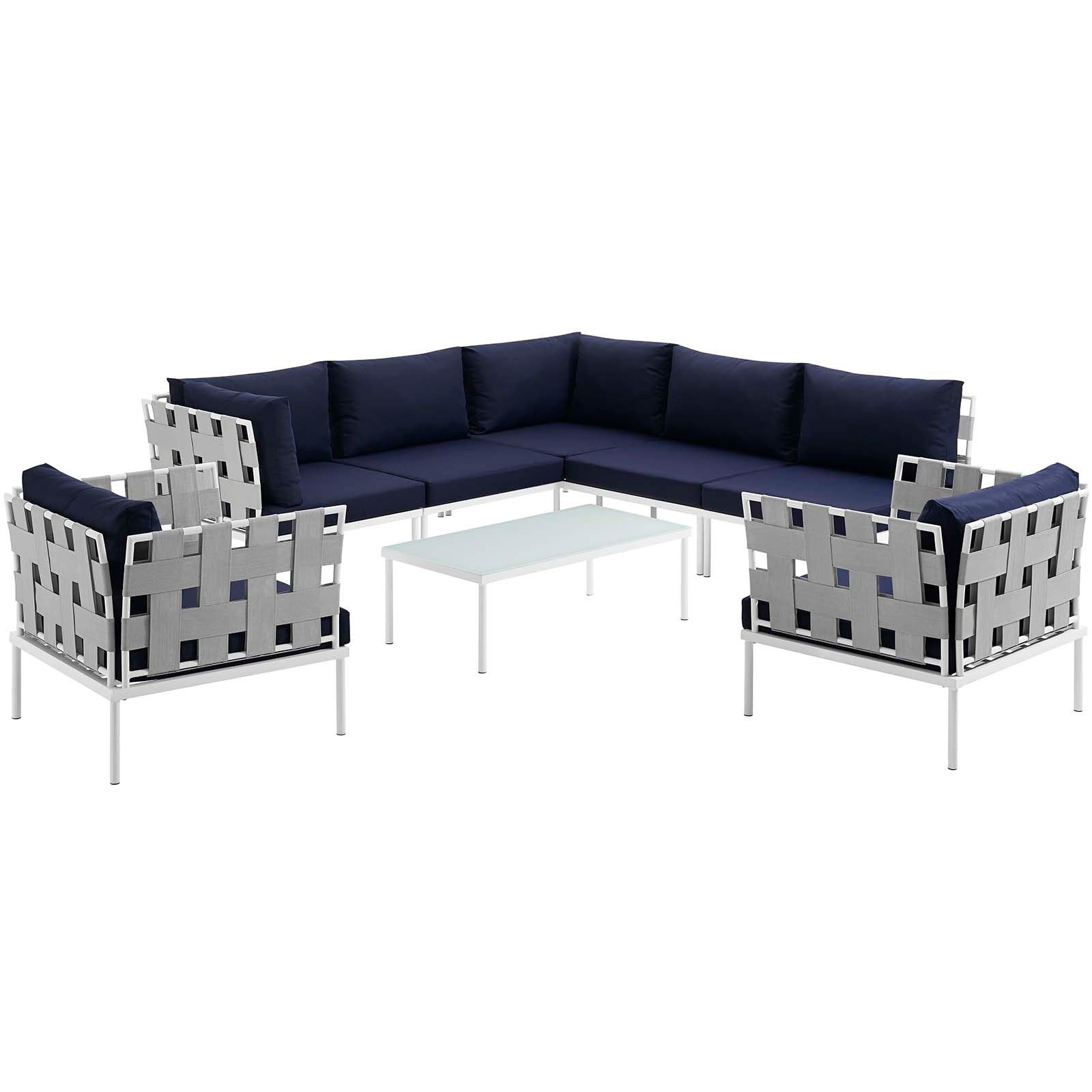 Modway Outdoor Sofas - Harmony 8 Pc Outdoor Patio Aluminum Sectional Sofa Set White Navy