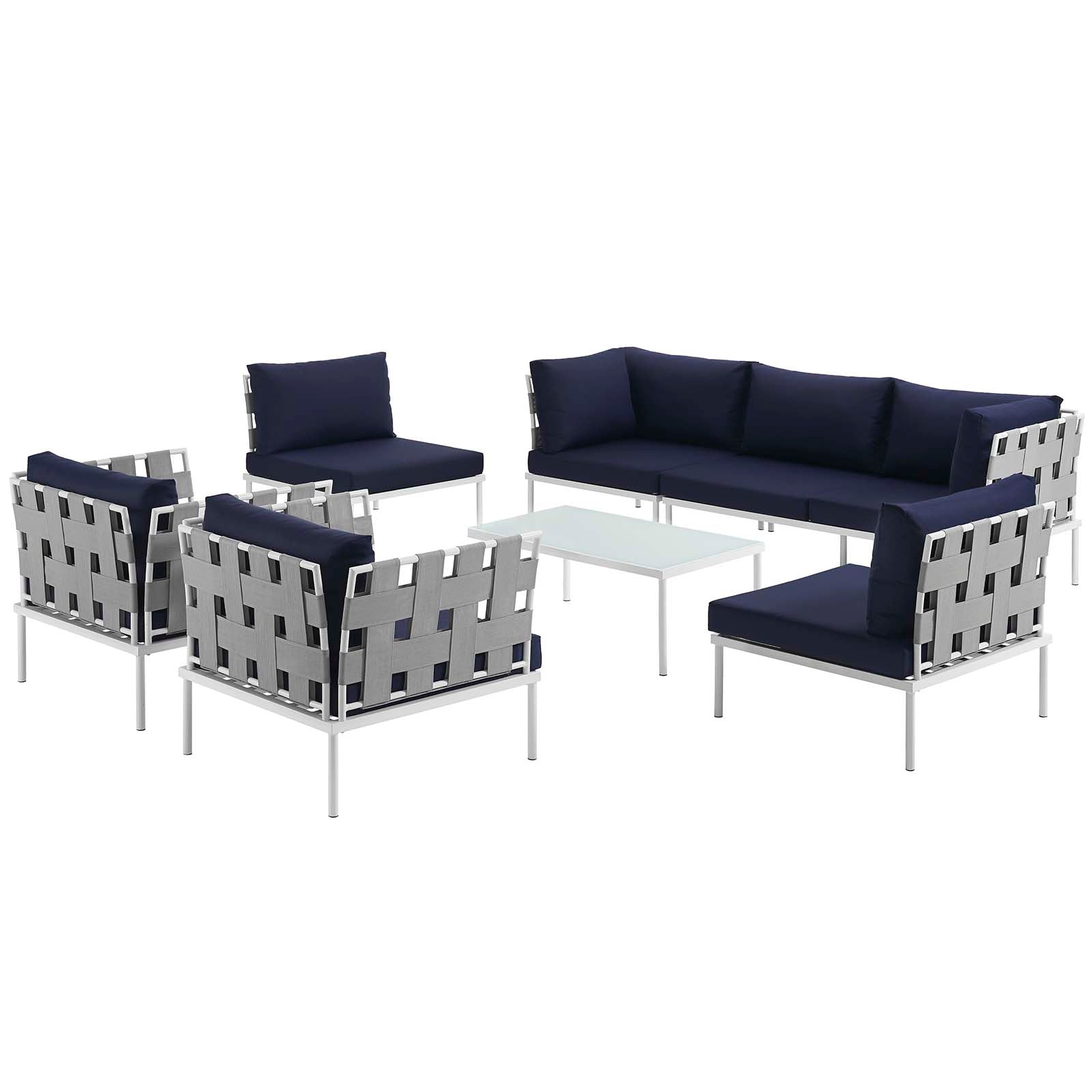 Modway Outdoor Sofas - Harmony 8 Pc Outdoor Patio Aluminum Sectional Sofa Set White Navy