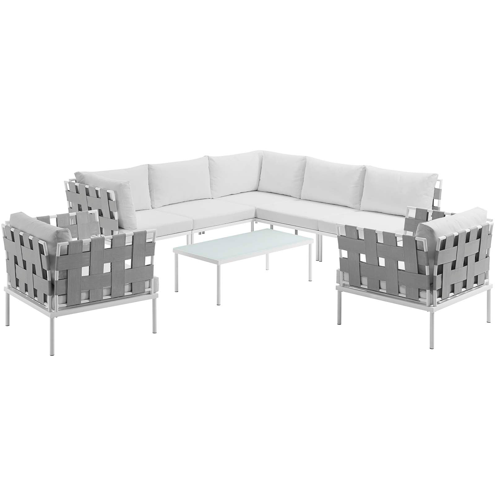 Modway Outdoor Conversation Sets - Harmony 132" 8 Piece Outdoor Patio Aluminum Sectional Sofa Set White White