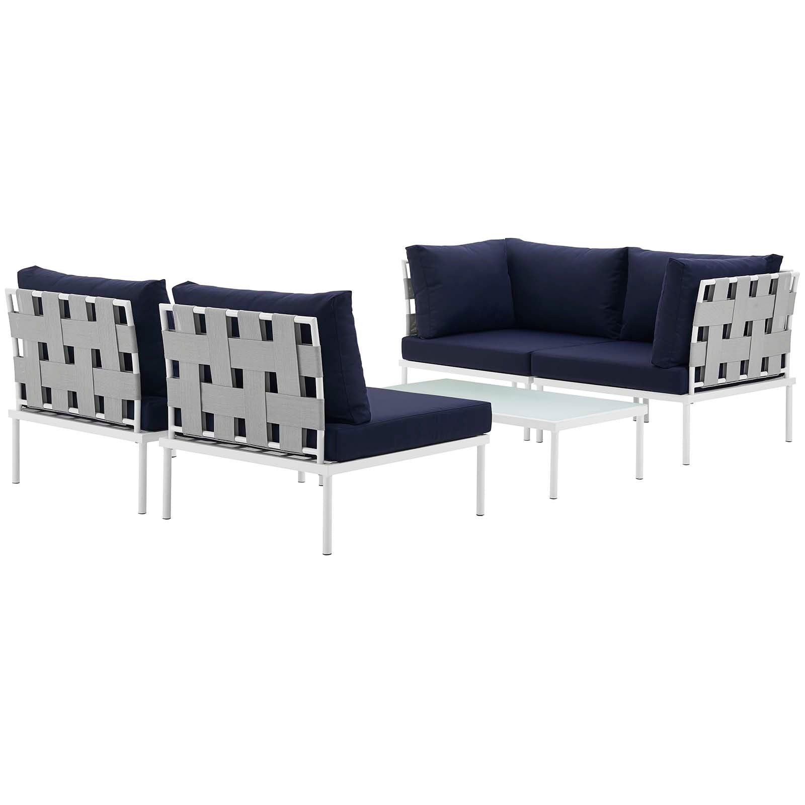 Modway Outdoor Sofas - Harmony 5 Piece Outdoor Patio Aluminum Sectional Sofa Set White & Navy