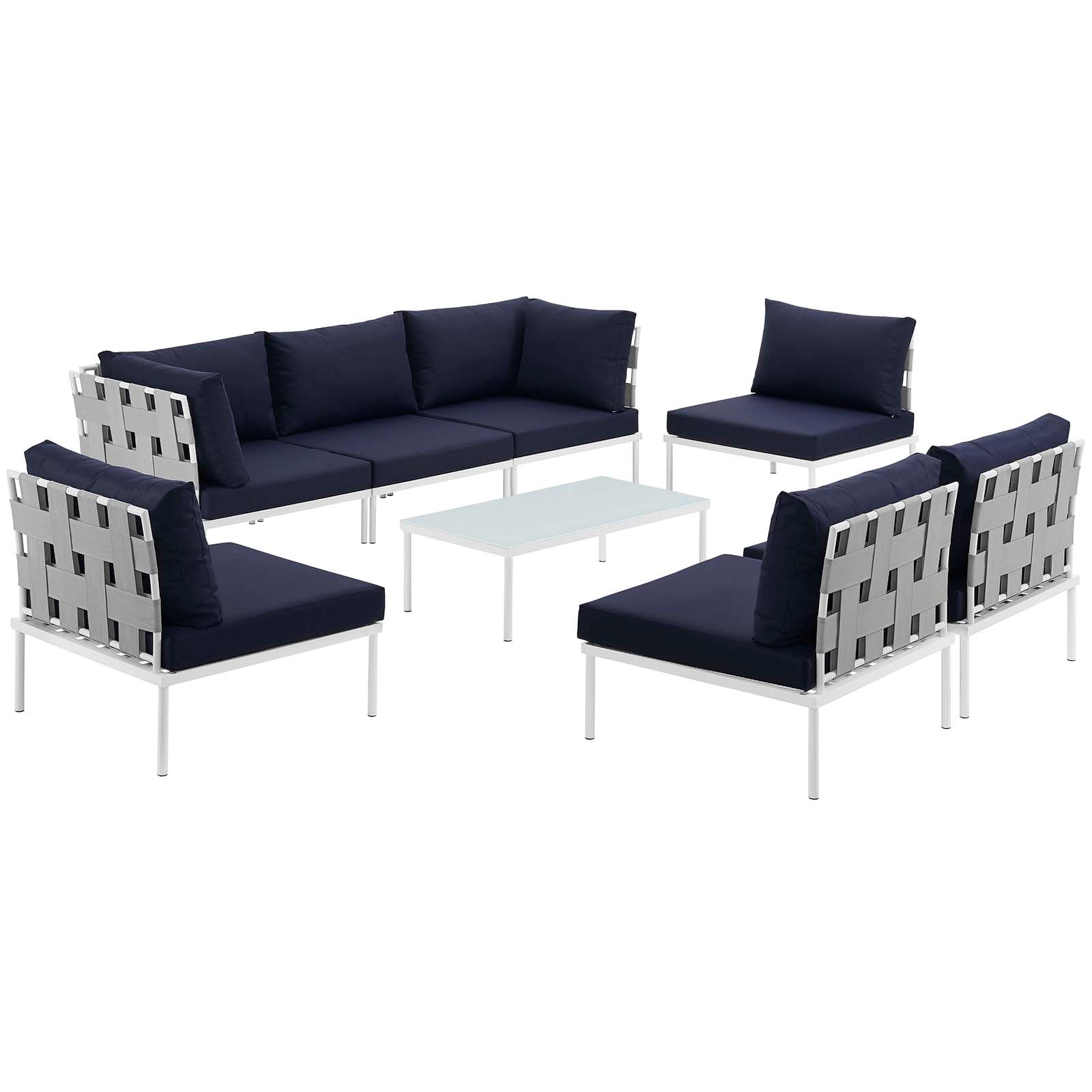 Modway Outdoor Sofas - Harmony 8 Piece Outdoor Patio Aluminum Sectional Sofa Set White & Navy