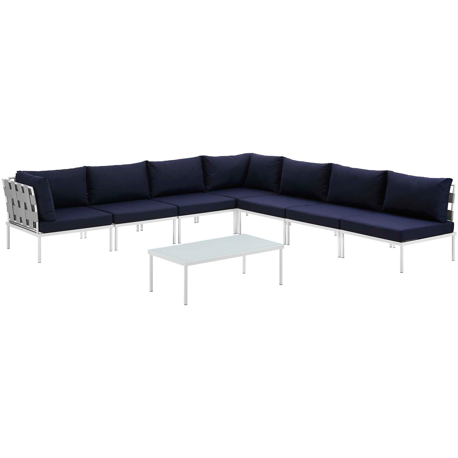 Modway Outdoor Sofas - Harmony 8 Piece Outdoor Patio Aluminum Sectional Sofa Set White & Navy