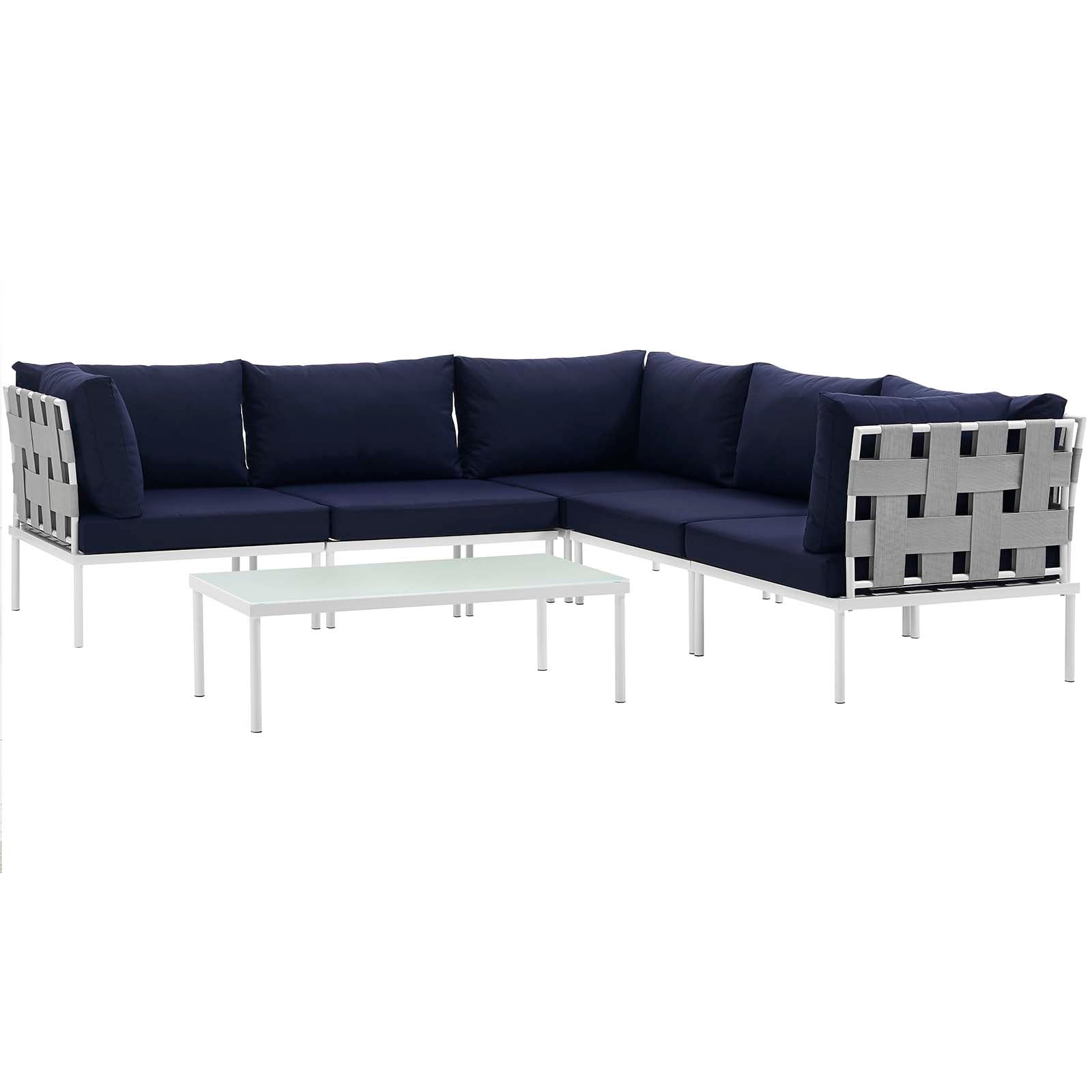 Modway Outdoor Sofas - Harmony 6 Pc Outdoor Patio Aluminum Sectional Sofa Set White Navy