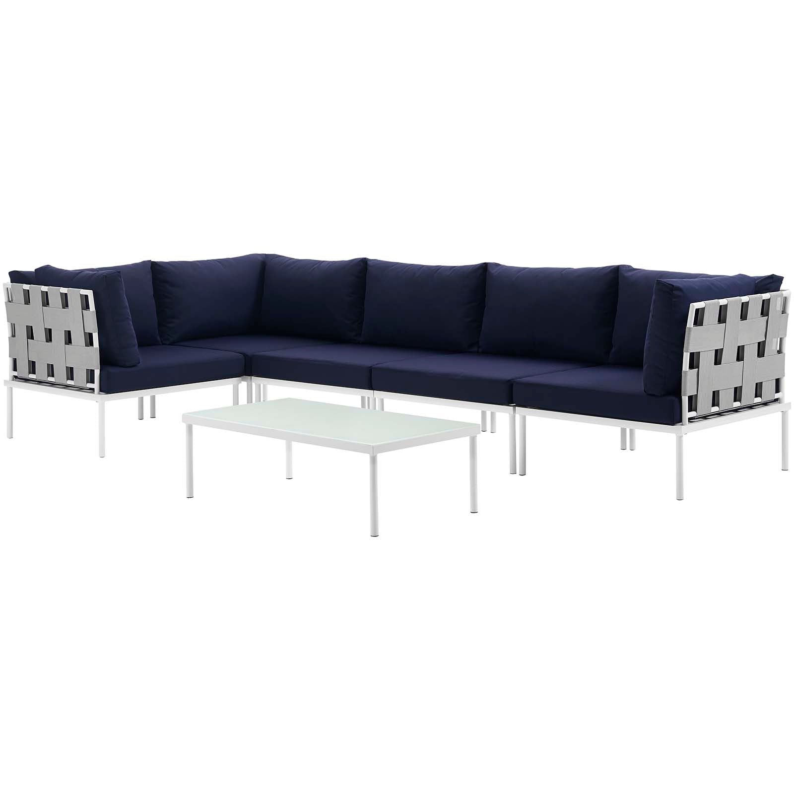 Modway Outdoor Sofas - Harmony 6 Pc Outdoor Patio Aluminum Sectional Sofa Set White Navy