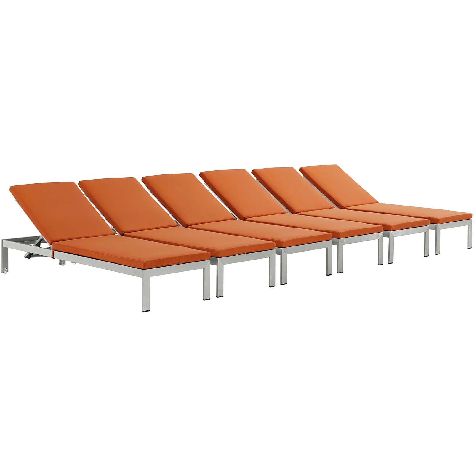 Modway Outdoor Loungers - Shore Chaise with Cushions Outdoor Patio Aluminum Set of 6 Silver Orange