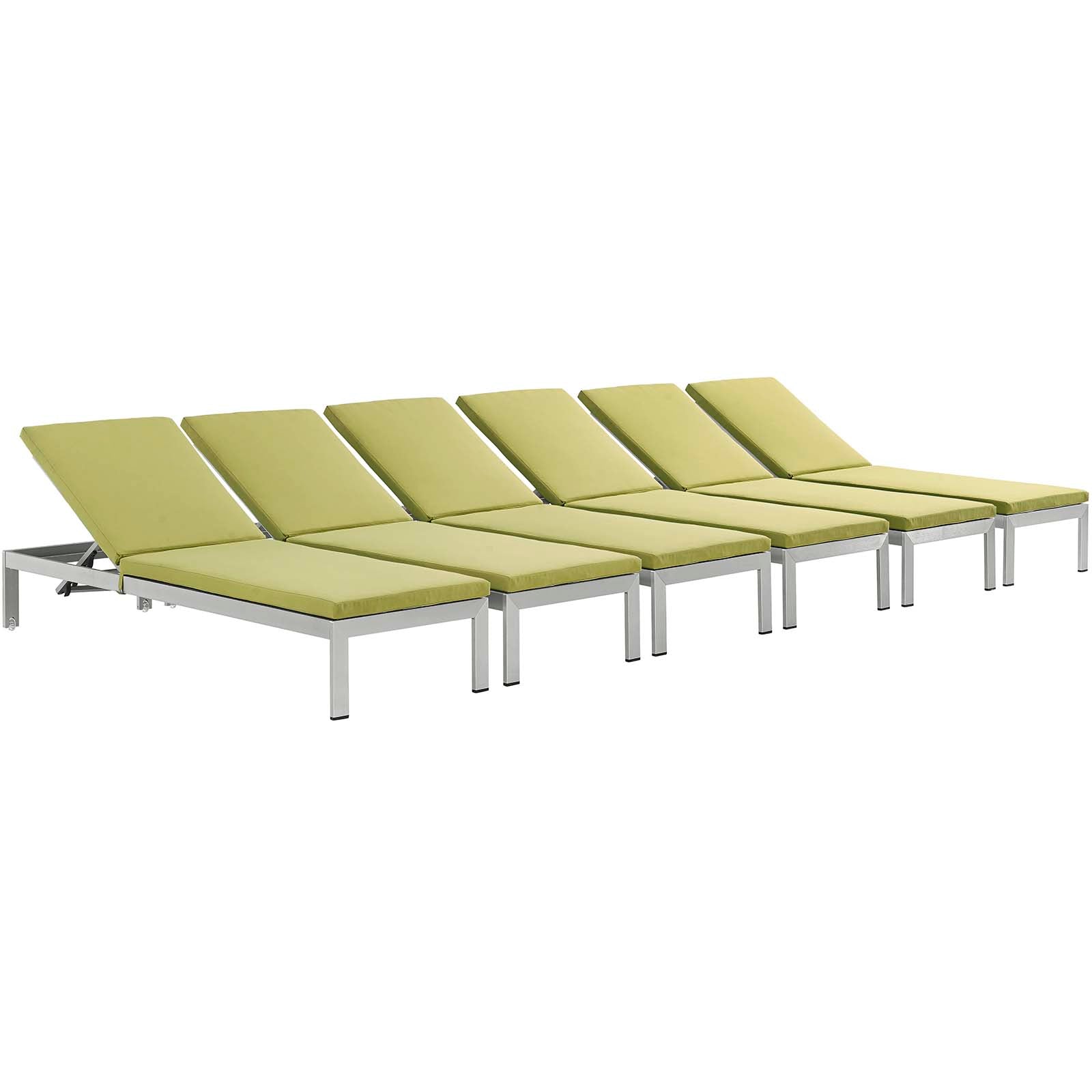 Modway Outdoor Loungers - Shore Chaise with Cushions Outdoor Patio Aluminum Set of 6 Silver Peridot