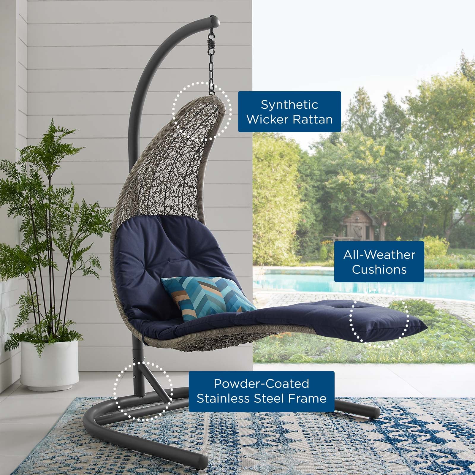 Modway Outdoor Swings - Landscape Hanging Chaise Lounge Outdoor Patio Swing Chair Light Gray Navy