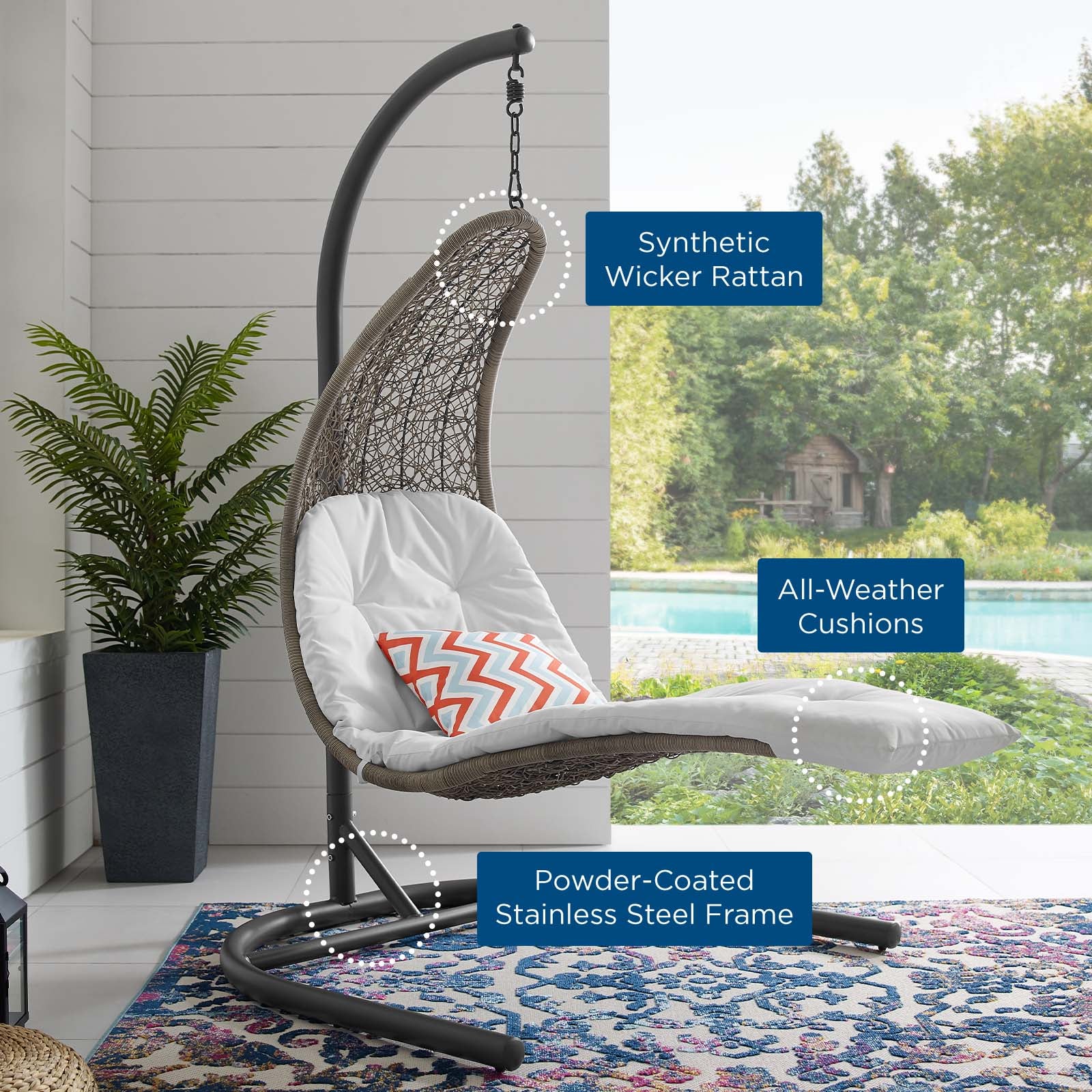 Modway Outdoor Swings - Landscape Hanging Chaise Lounge Outdoor Patio Swing Chair Light Gray White