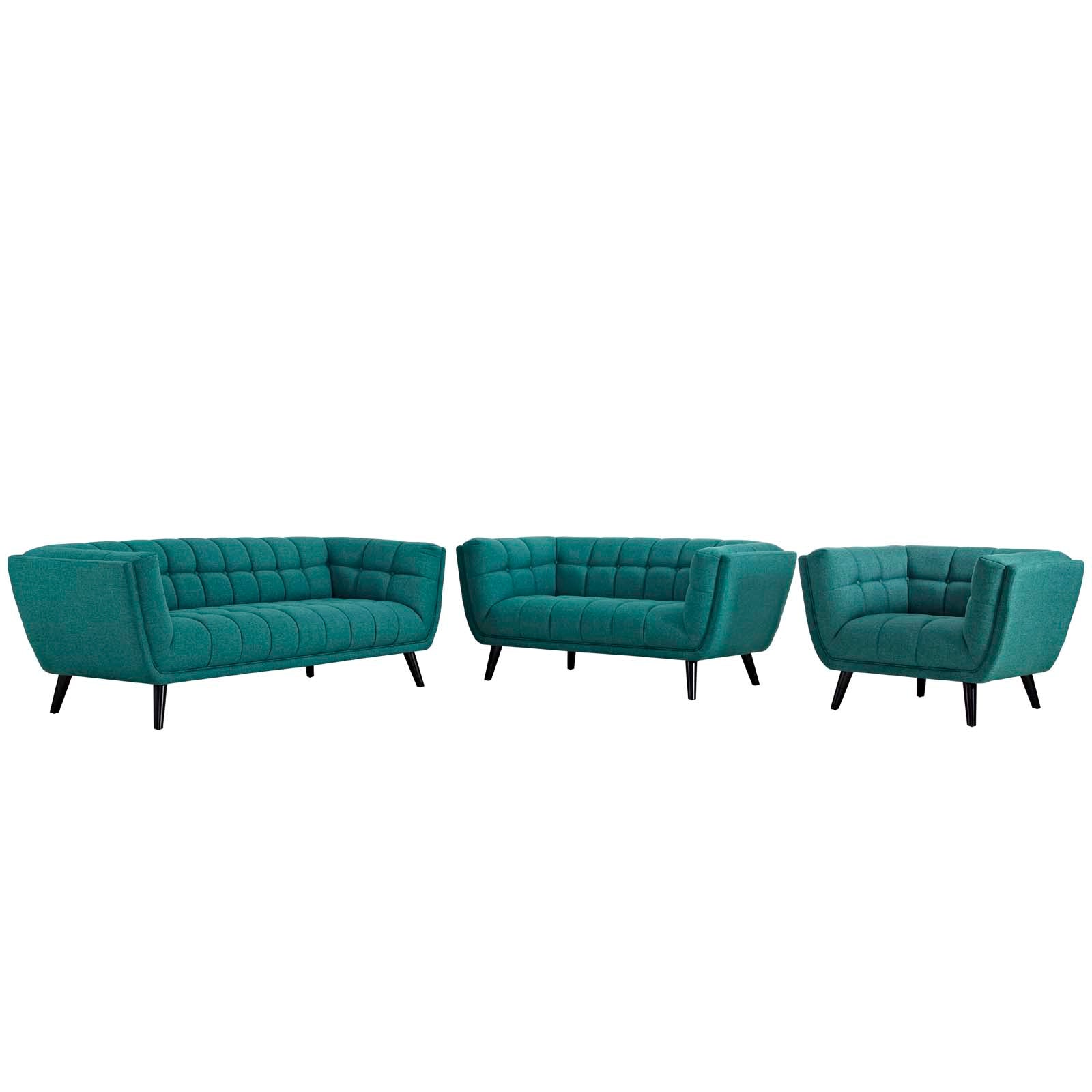 Modway Living Room Sets - Bestow 3 Piece Upholstered Fabric Sofa Loveseat and Armchair Set Teal