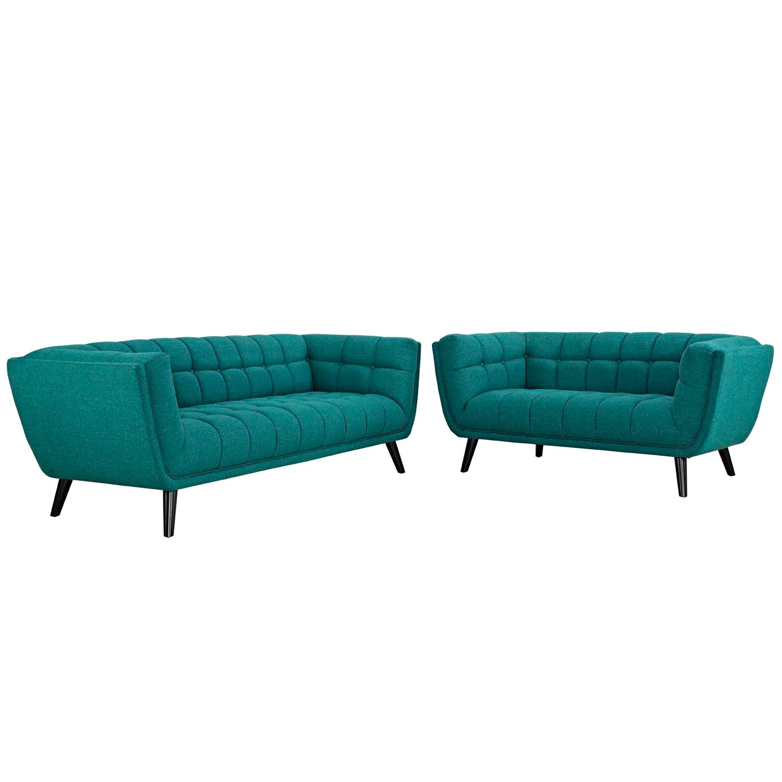 Modway Living Room Sets - Bestow 2 Piece Upholstered Fabric Sofa and Loveseat Set Teal