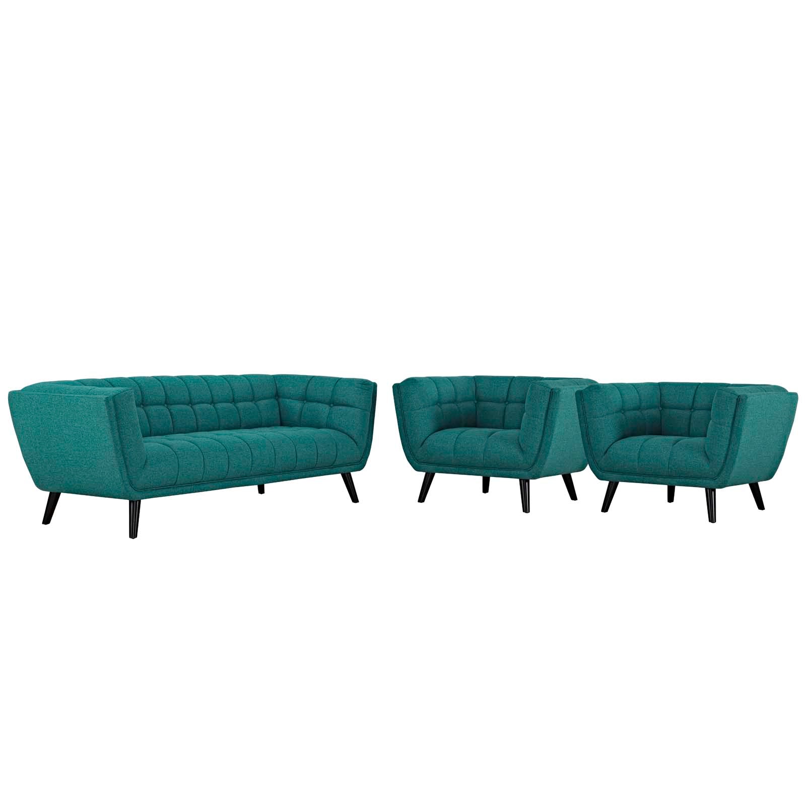 Modway Living Room Sets - Bestow 3 Piece Upholstered Fabric Sofa and Armchair Set Teal