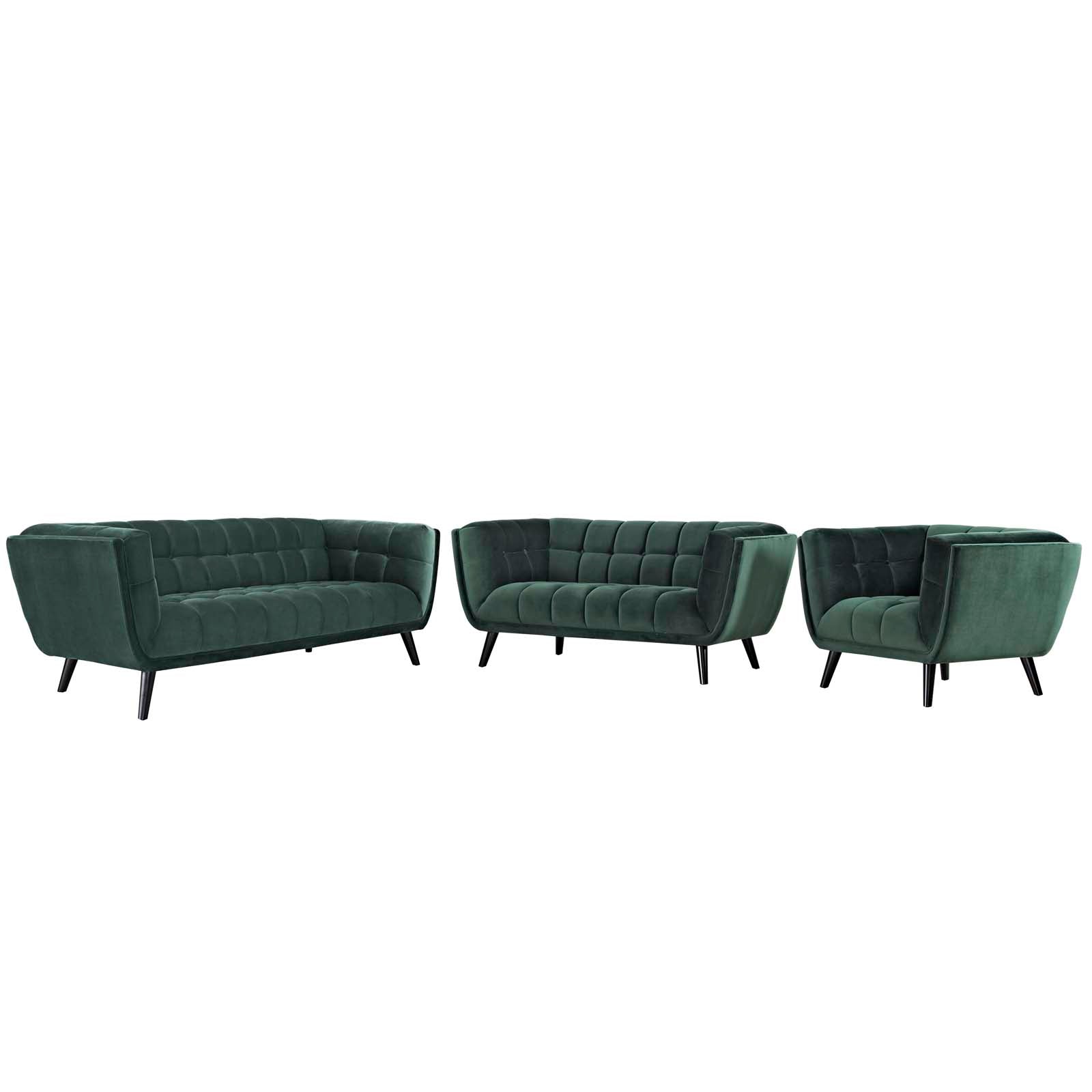Modway Living Room Sets - Bestow 3 Piece Performance Velvet Sofa Loveseat and Armchair Set Green