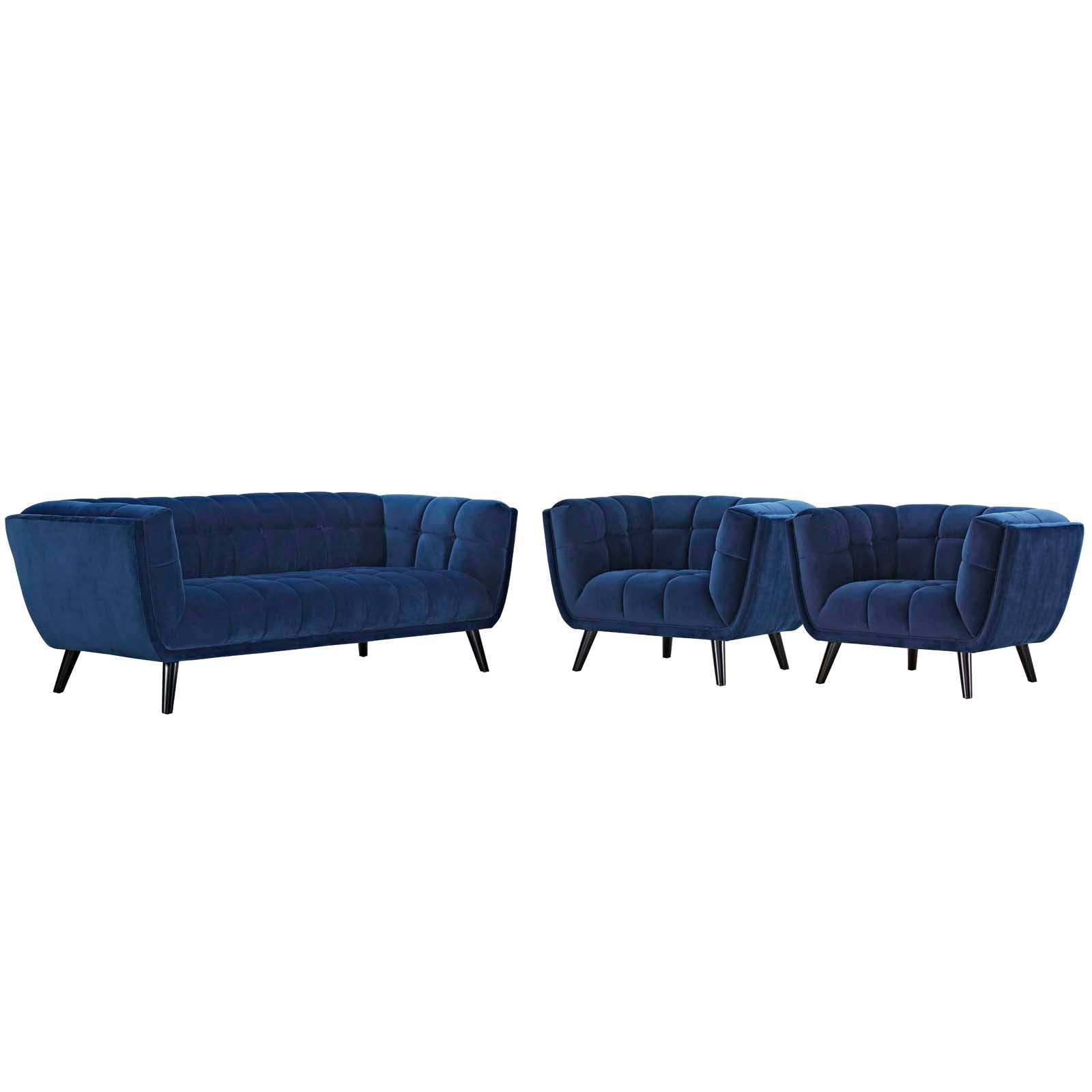 Modway Living Room Sets - Bestow 3 Piece Performance Velvet Sofa and Armchair Set Navy