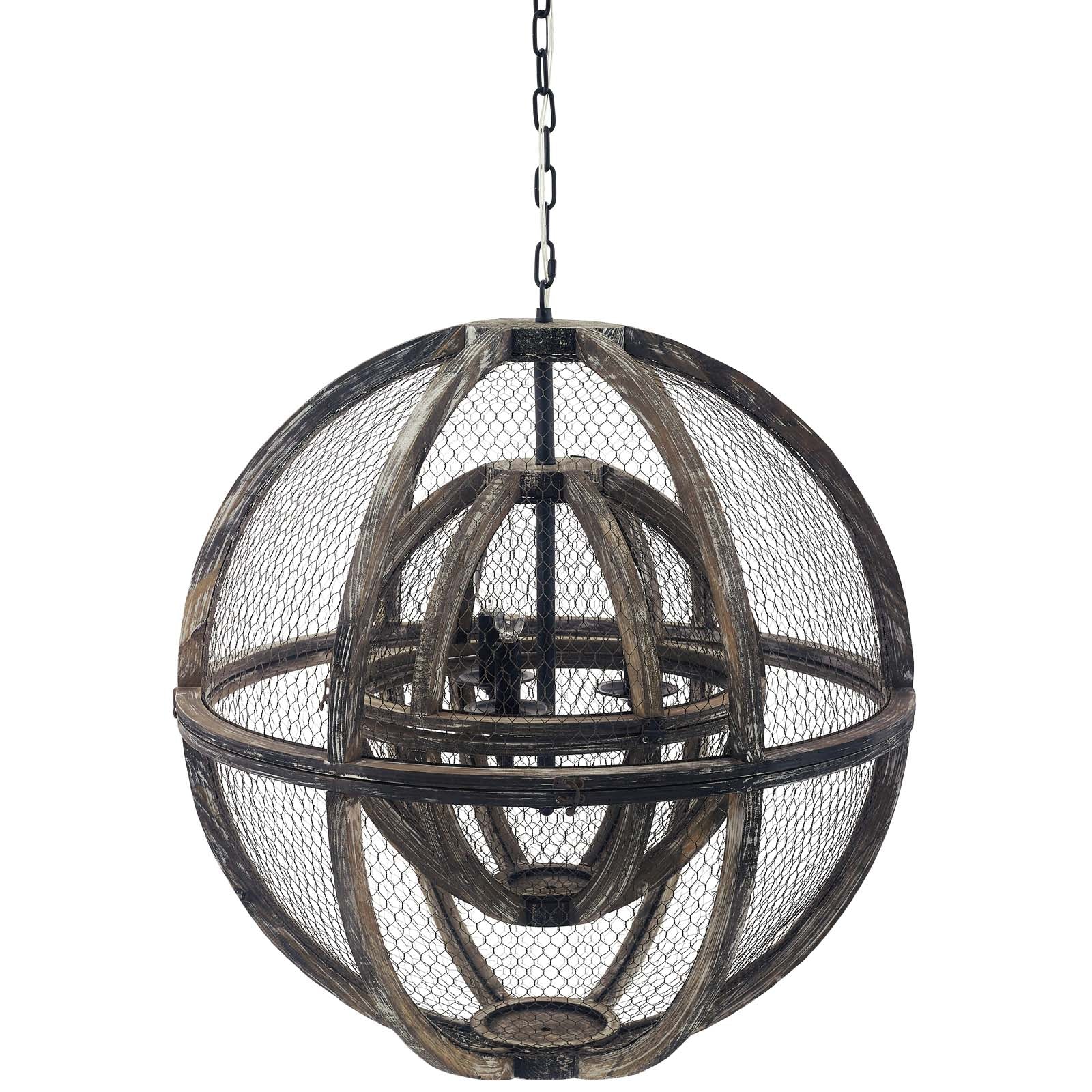 Modway Ceiling Lights - Gravitate Globe Rustic Oak Wood Pendant Light Chandelier Rustic Oak