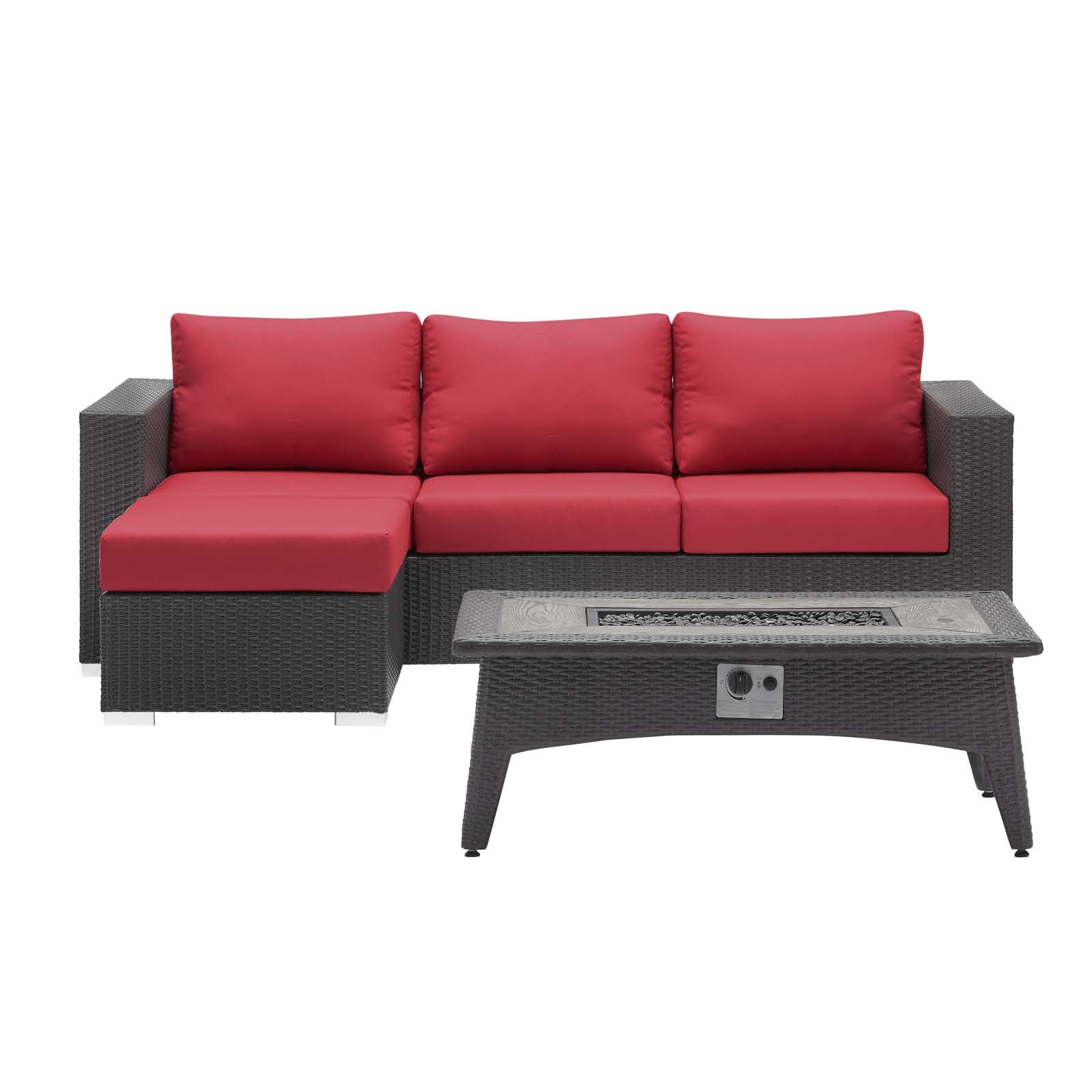 Modway Outdoor Conversation Sets - Convene 3 Piece Set Outdoor Patio with Fire Pit Espresso Red