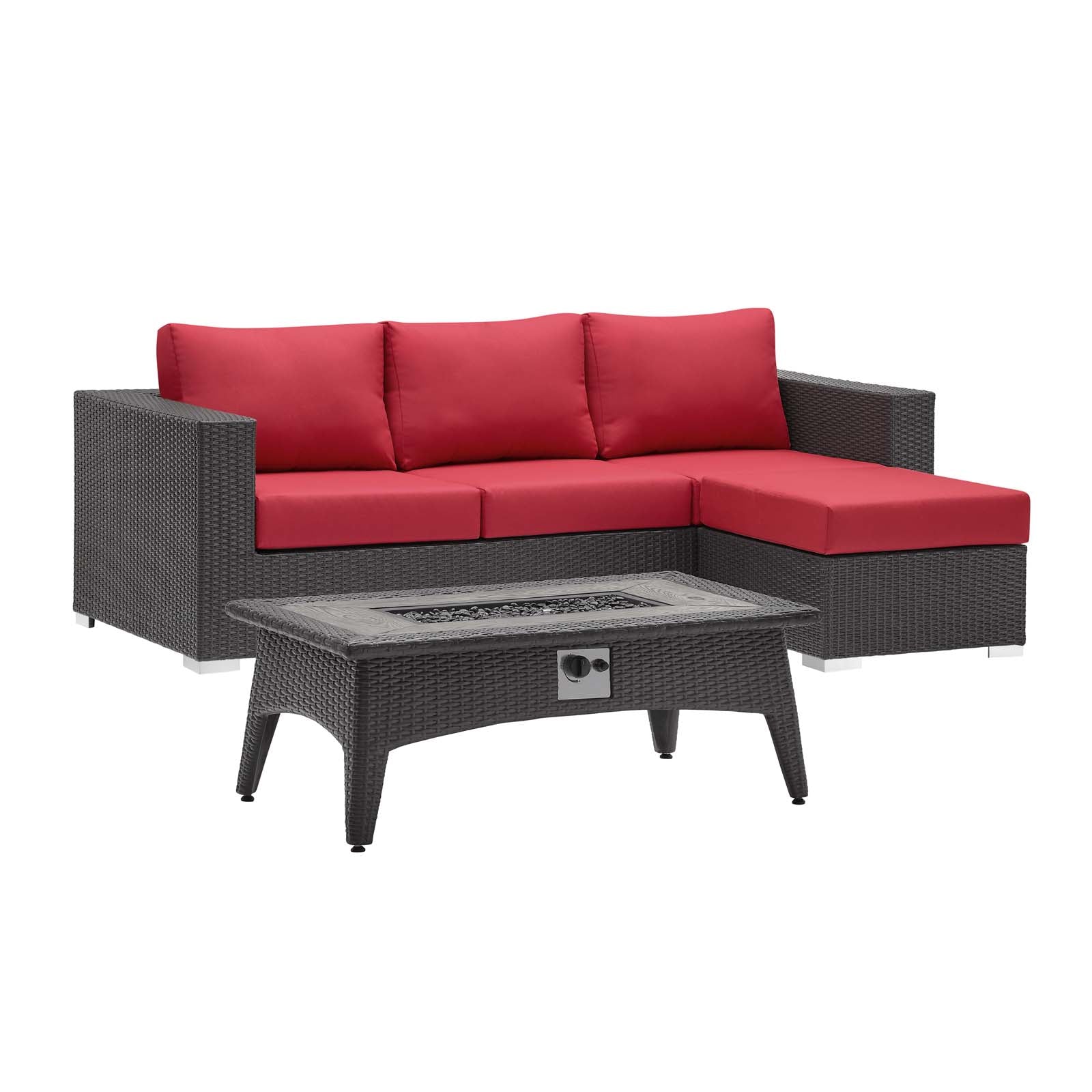 Modway Outdoor Conversation Sets - Convene 3 Piece Set Outdoor Patio with Fire Pit Espresso Red
