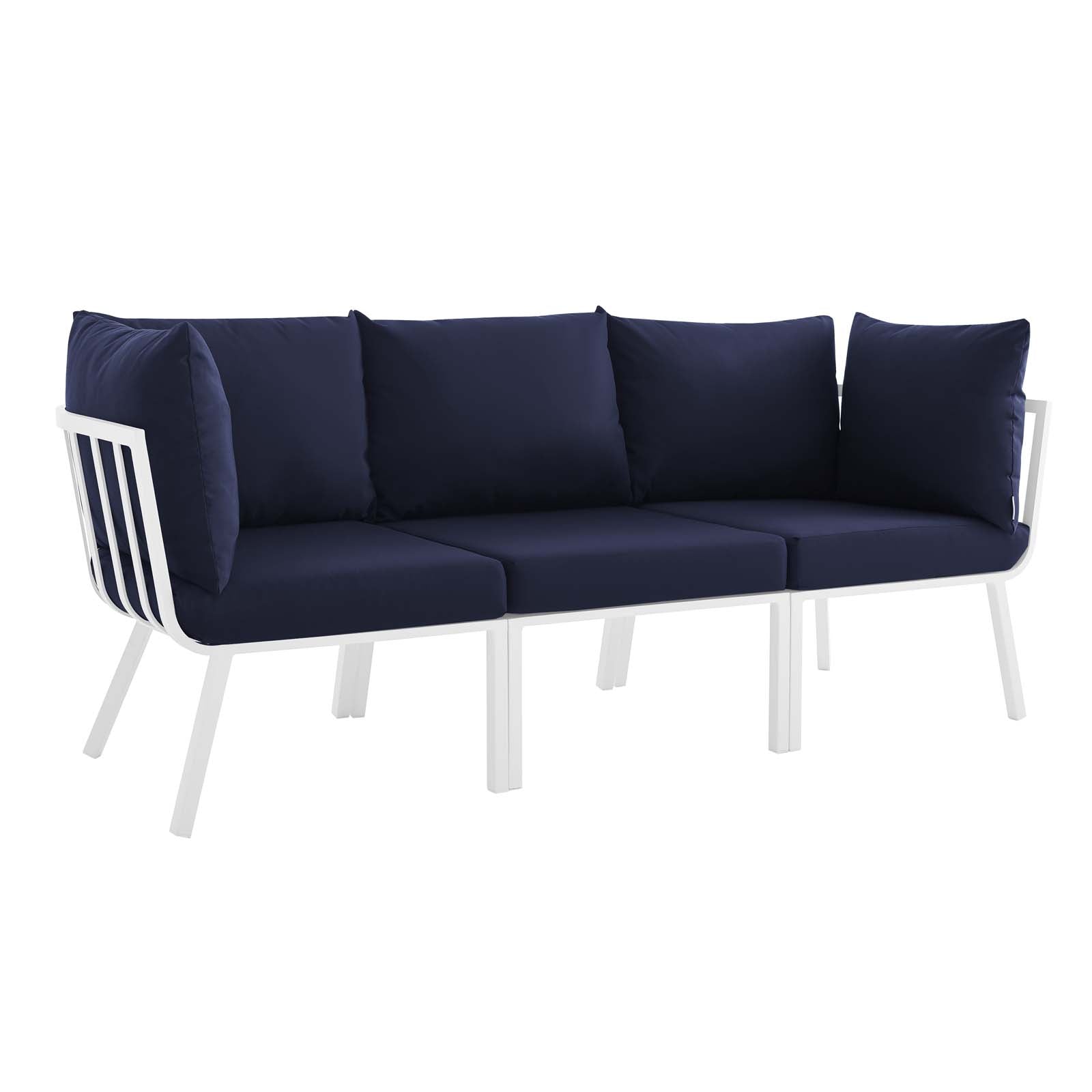 Modway Outdoor Conversation Sets - Riverside 3 Piece Outdoor Patio Aluminum Sectional Sofa Set White Navy