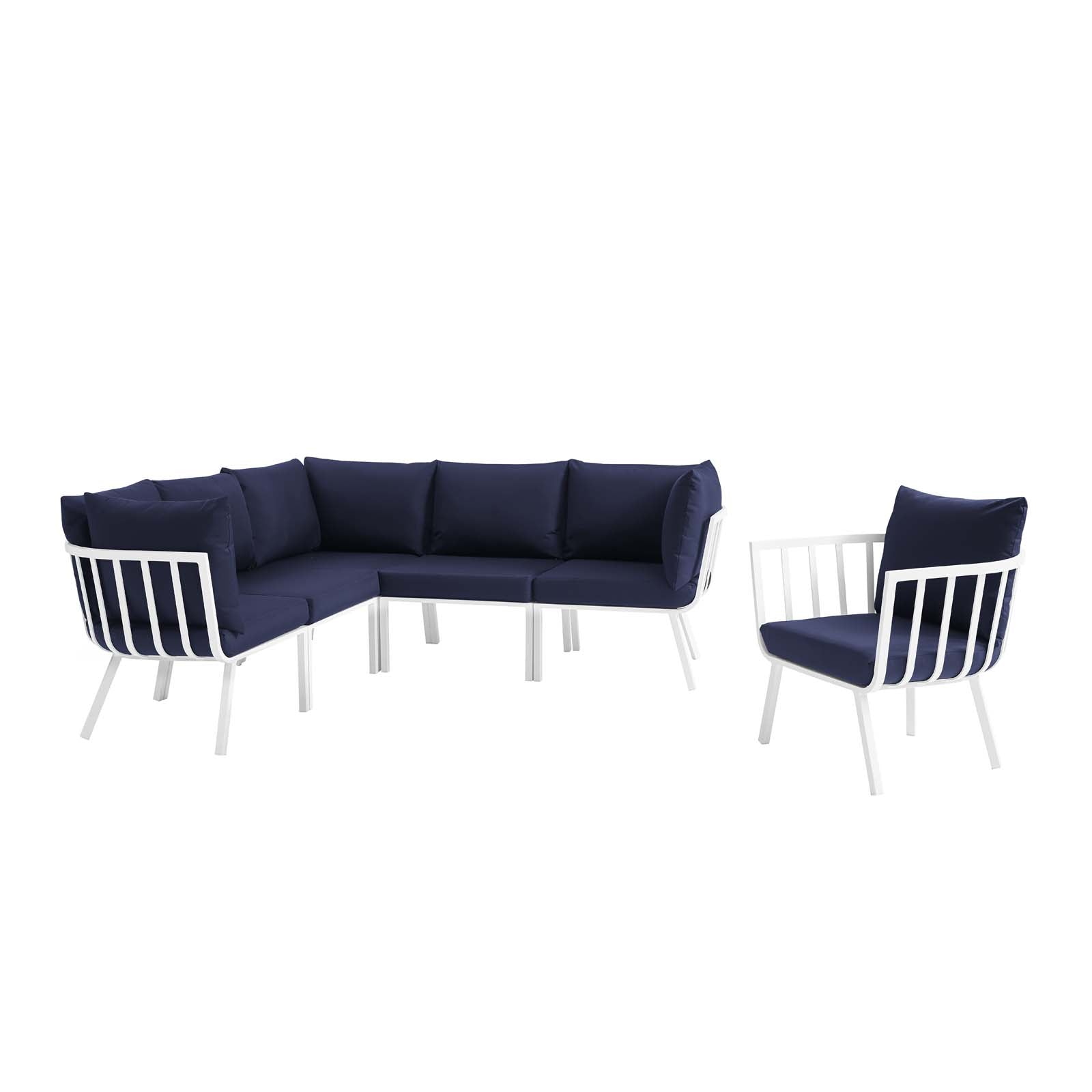 Modway Outdoor Conversation Sets - 114" Riverside 6 Piece Outdoor Patio Aluminum Set White Navy