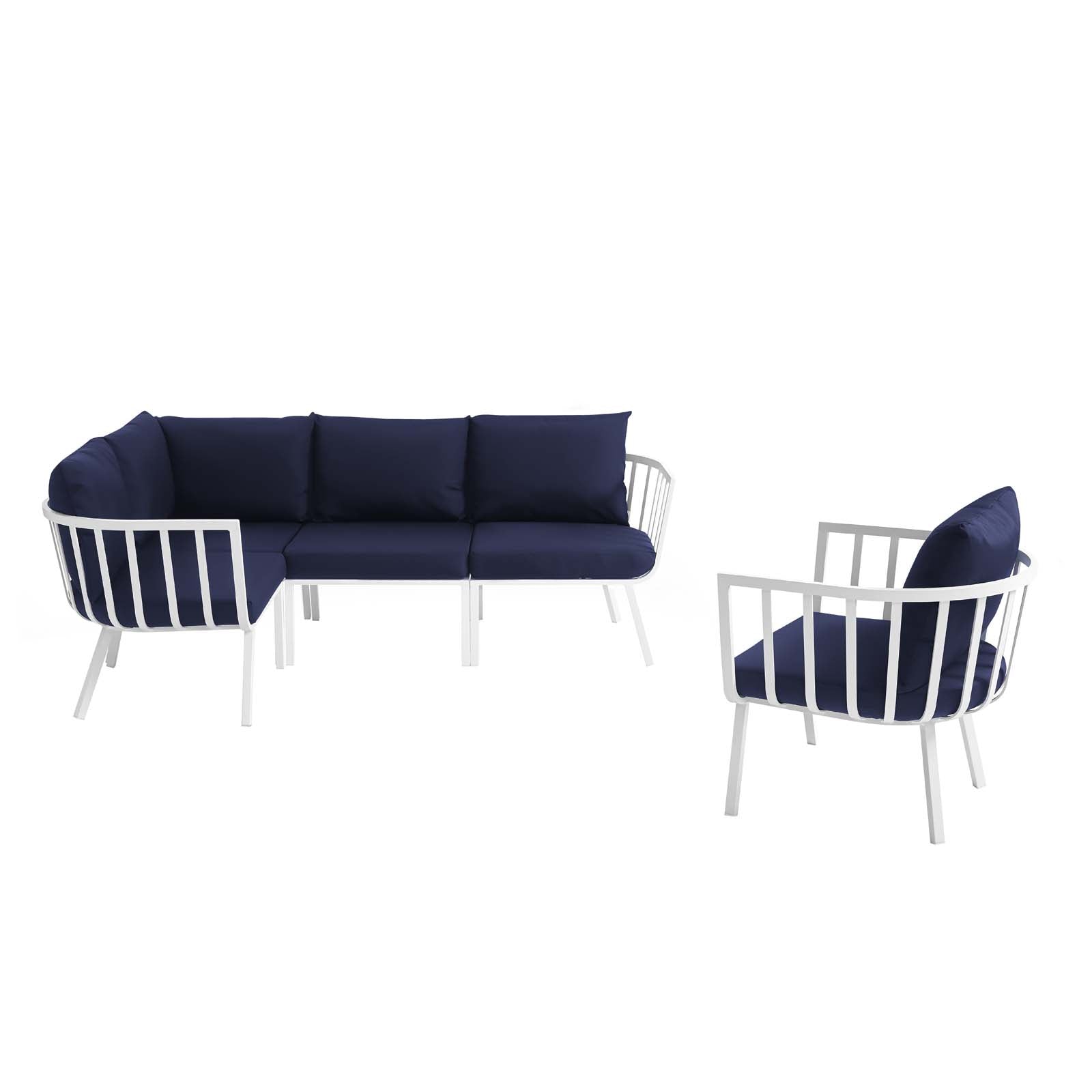 Modway Outdoor Conversation Sets - 114" Riverside 5 Piece Outdoor Patio Aluminum Set White Navy