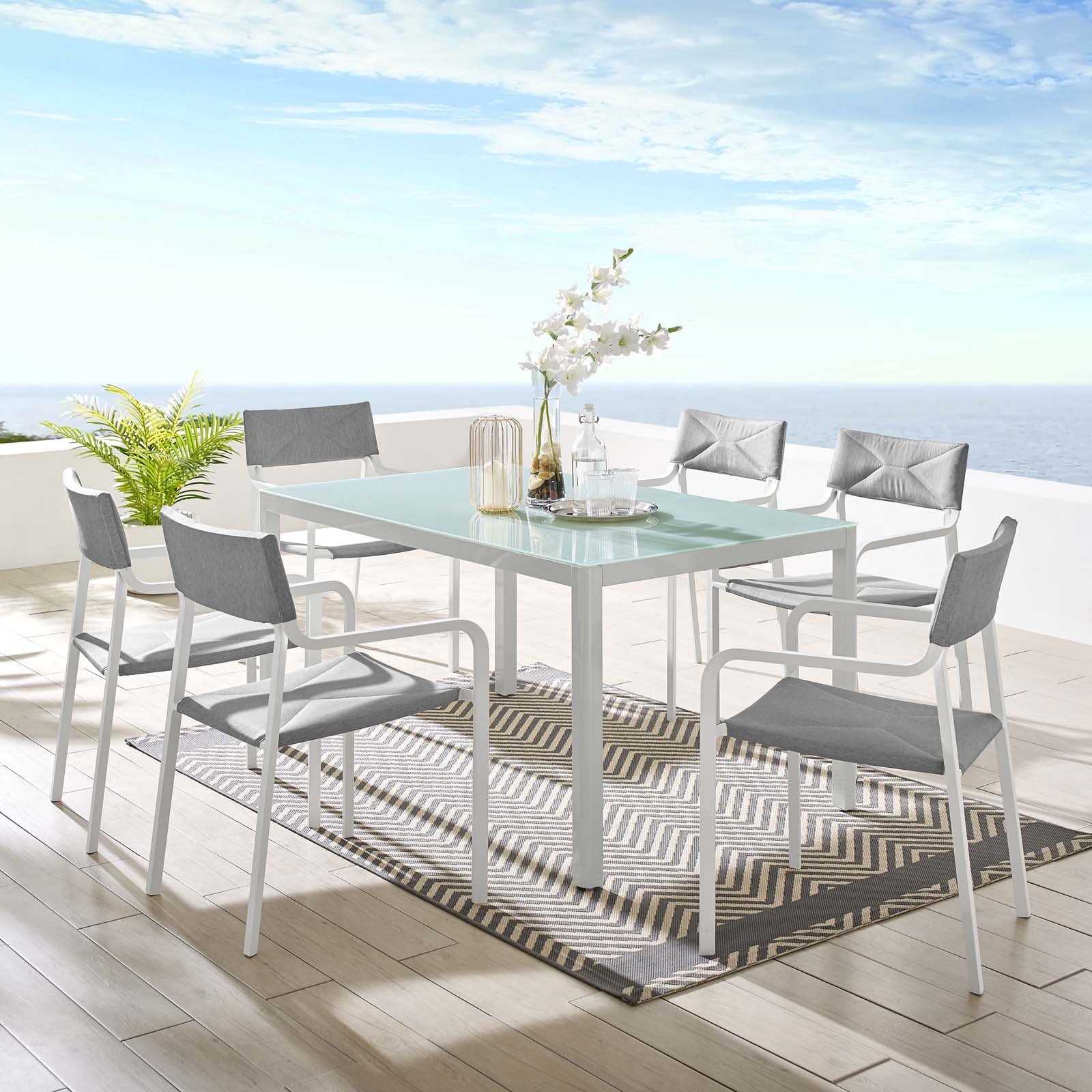 Modway Outdoor Dining Sets - Raleigh 7 Piece Outdoor Patio Aluminum Dining Set White Gray