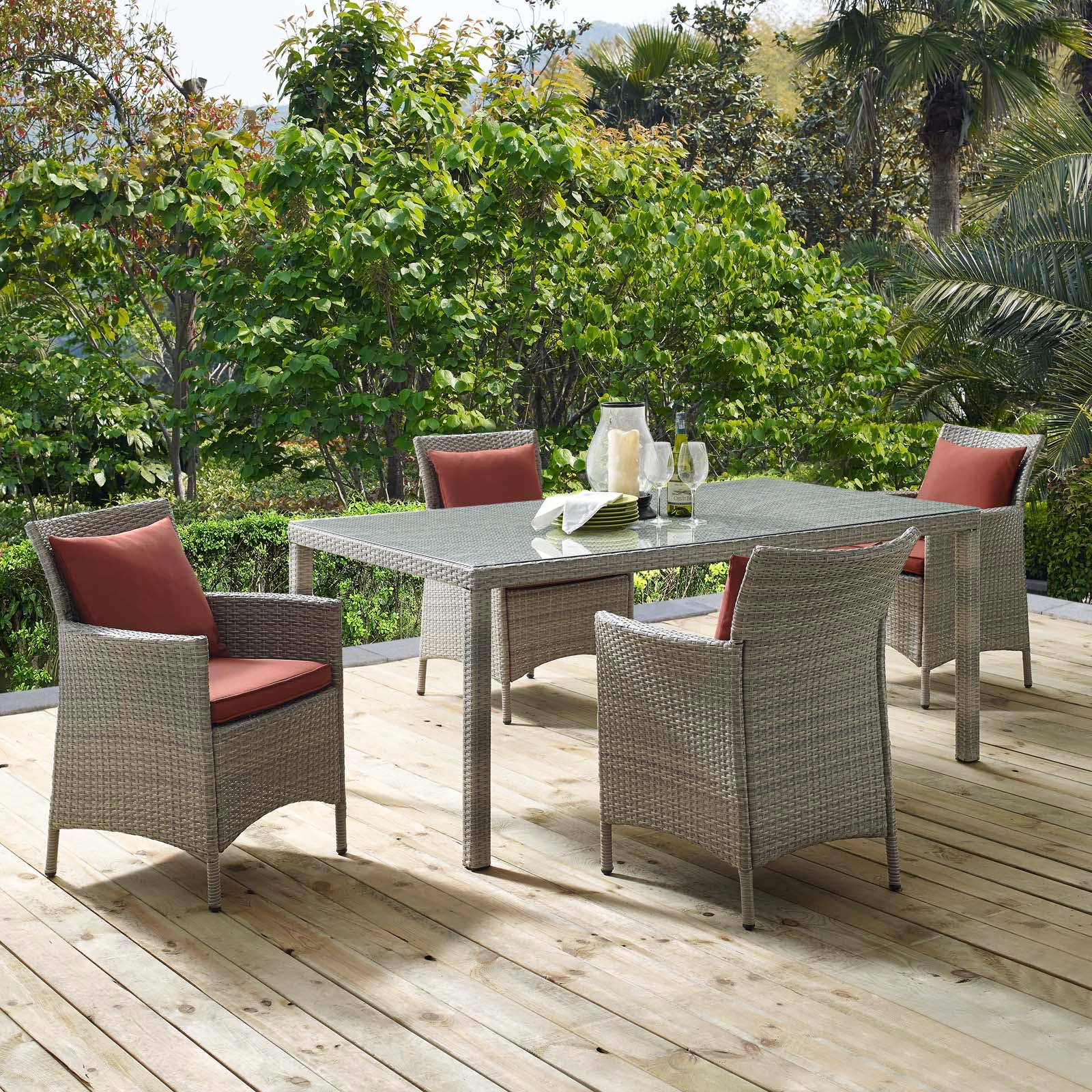 Modway Outdoor Dining Sets - Conduit 5 Piece Outdoor Patio Wicker Rattan Dining Set Light Gray Currant