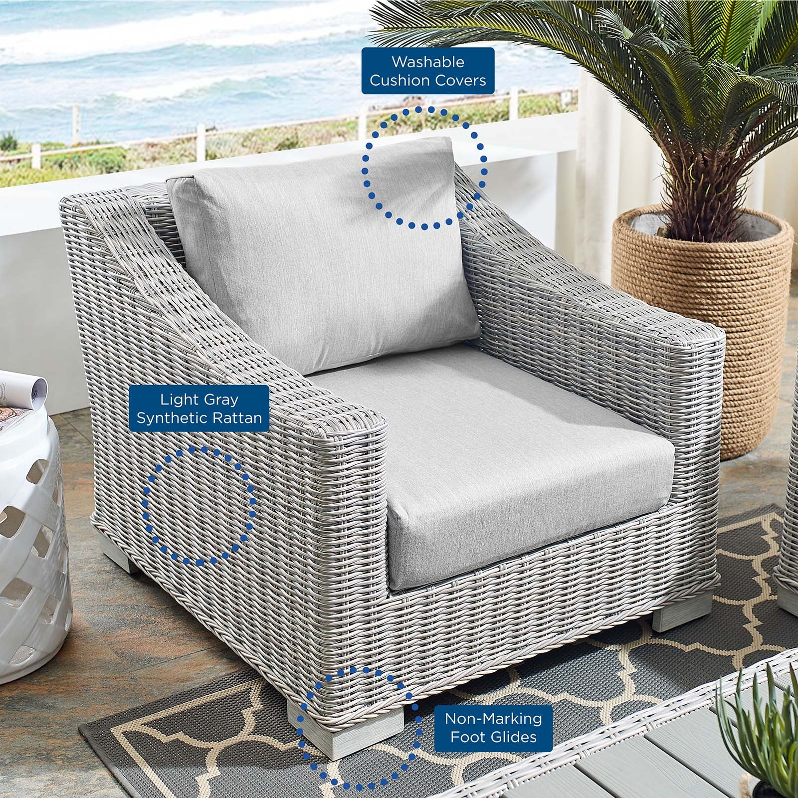 Modway Outdoor Chairs - Conway Sunbrella Outdoor Patio Wicker Rattan Armchair Light Gray