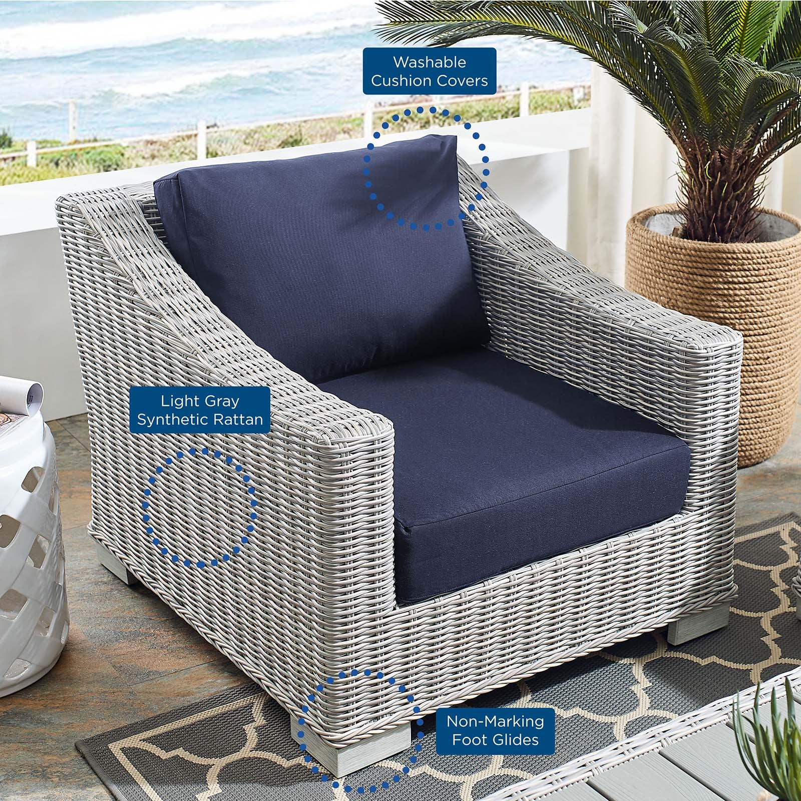 Modway Outdoor Chairs - Conway Sunbrella Outdoor Patio Wicker Rattan Armchair Light Gray Navy