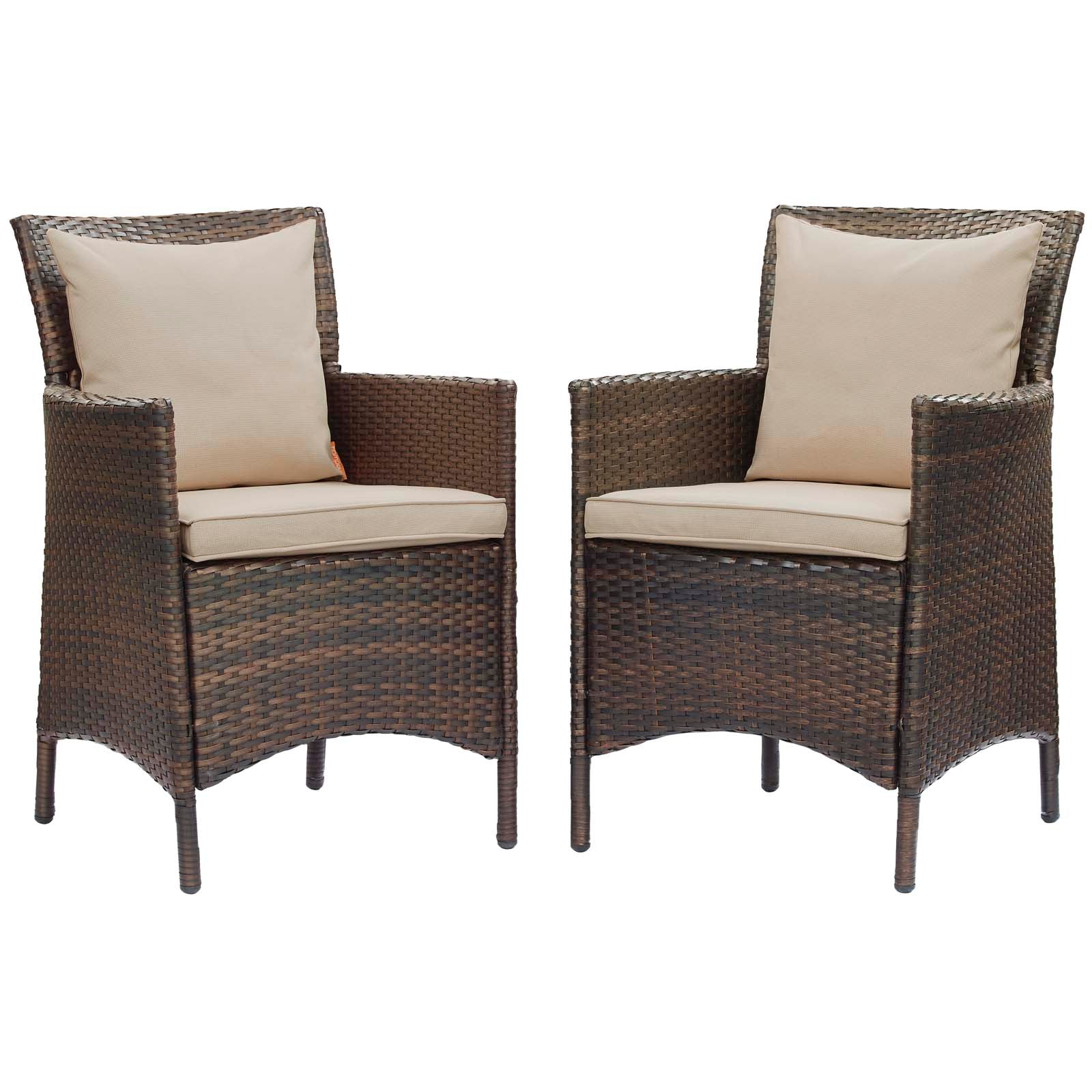 Modway Outdoor Dining Chairs - Conduit Outdoor Patio Wicker Rattan Dining Armchair Set of 2 Brown Beige
