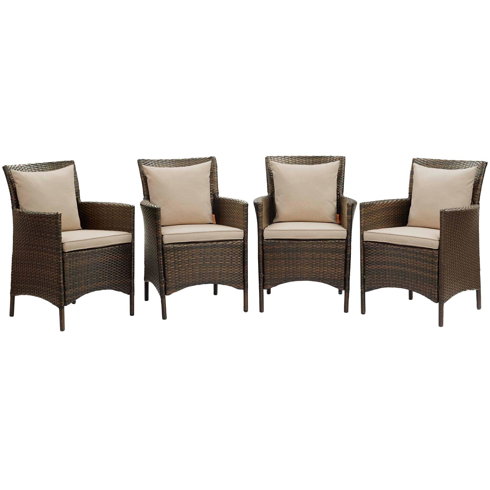 Modway Outdoor Dining Chairs - Conduit Outdoor Patio Wicker Rattan Dining Armchair Set of 4 Brown Beige