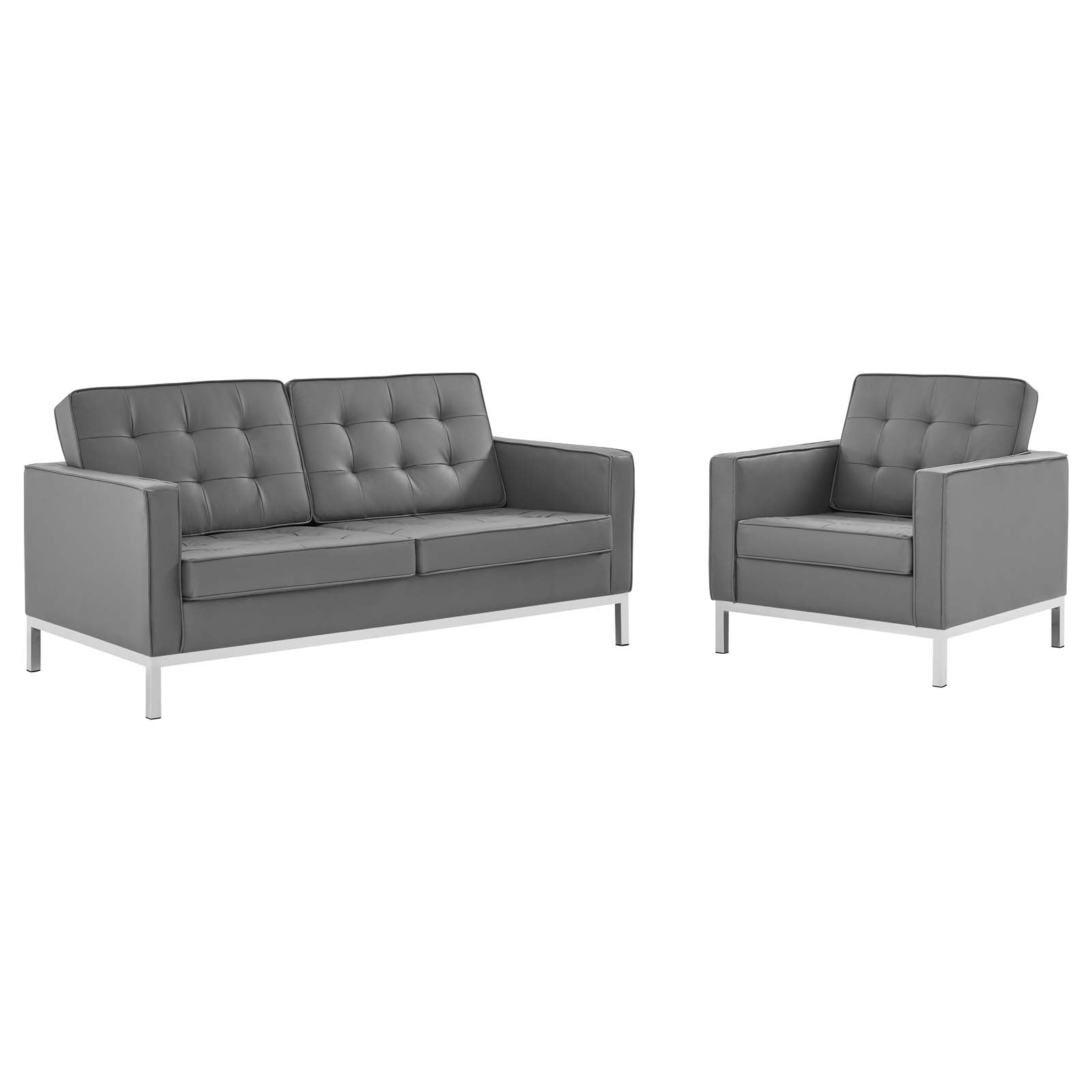 Modway Living Room Sets - Loft Tufted Upholstered Faux Leather Loveseat and Armchair Set Silver Gray