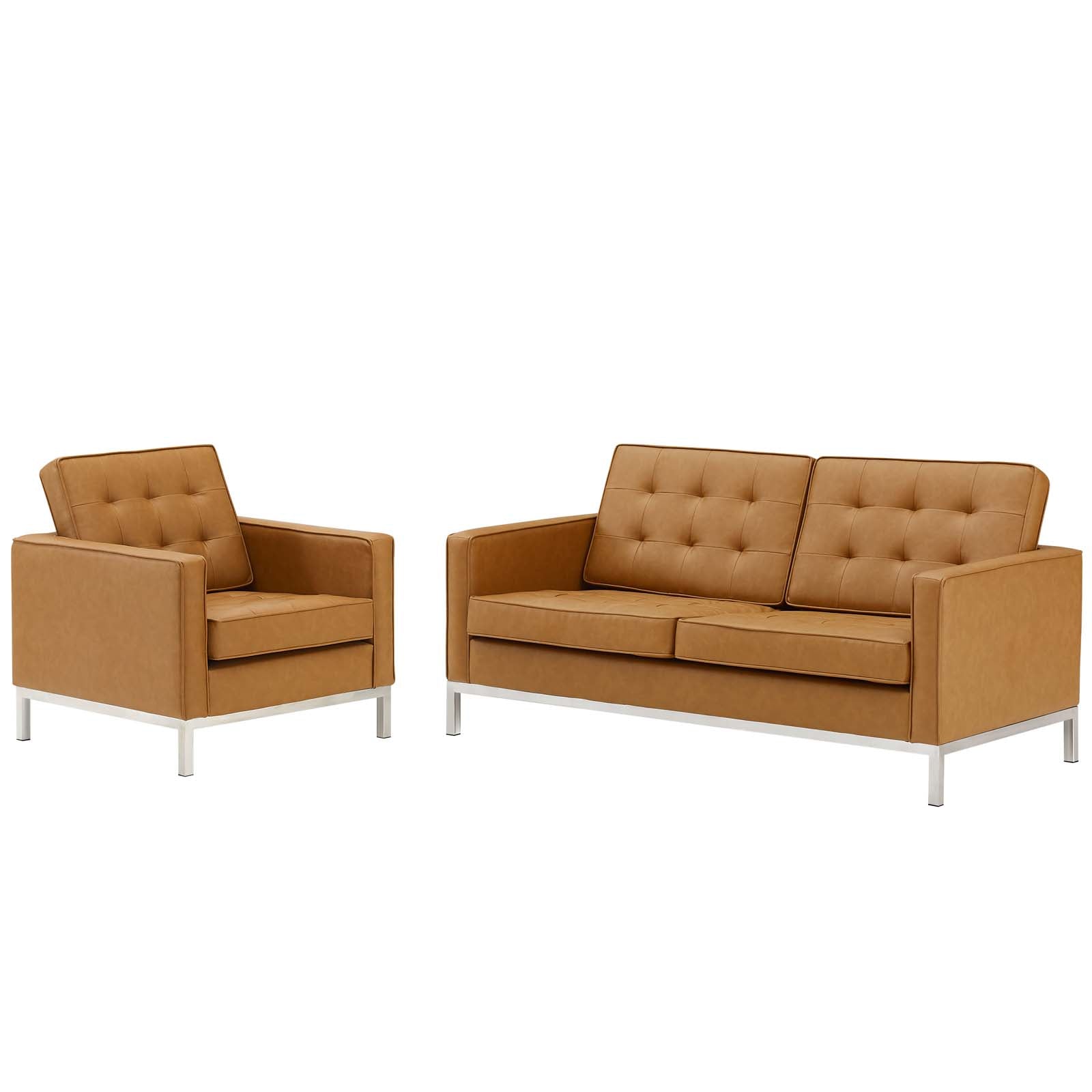 Modway Living Room Sets - Loft Tufted Upholstered Faux Leather Loveseat and Armchair Set Silver Tan