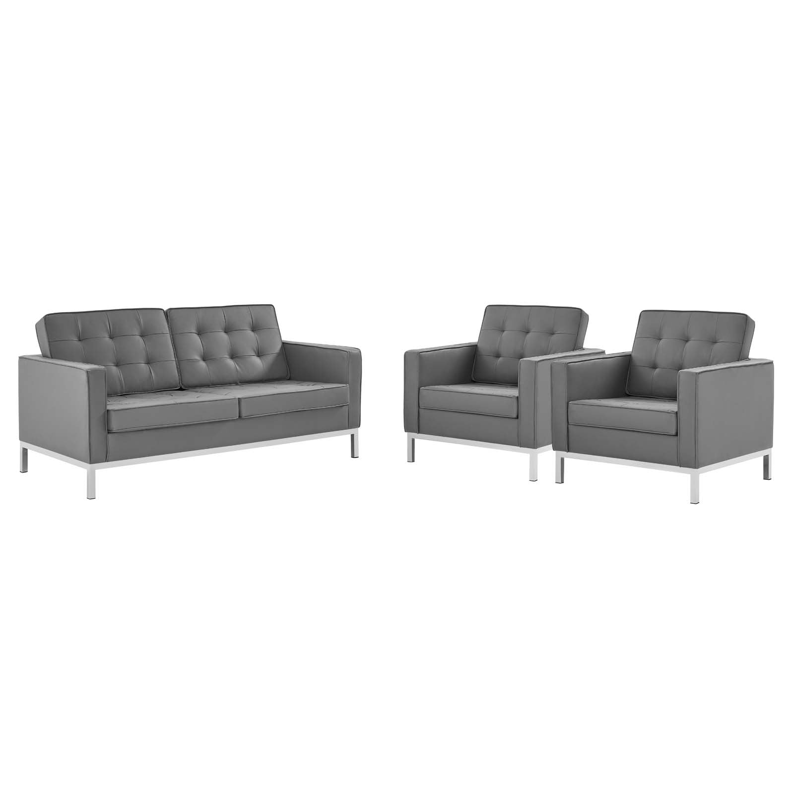 Modway Living Room Sets - Loft-3-Piece-Tufted-Upholstered-Faux-Leather-Set-Silver-Gray