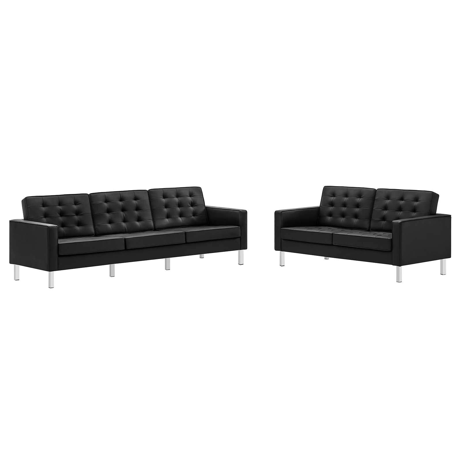 Modway Living Room Sets - Loft-Tufted-Vegan-Leather-2-Piece-Furniture-Set-Silver-Black