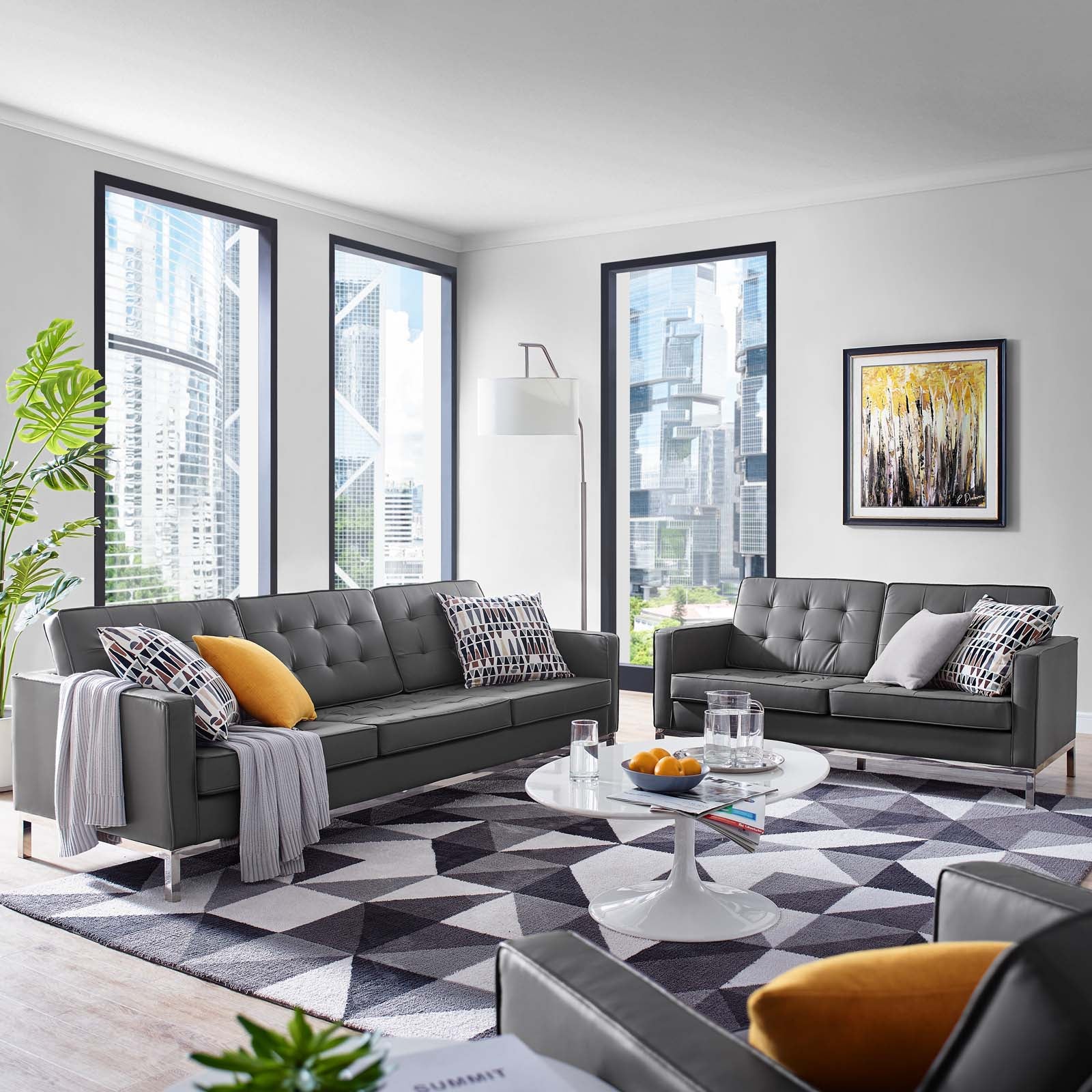 Modway Living Room Sets - Loft-Tufted-Vegan-Leather-2-Piece-Furniture-Set-Silver-Gray