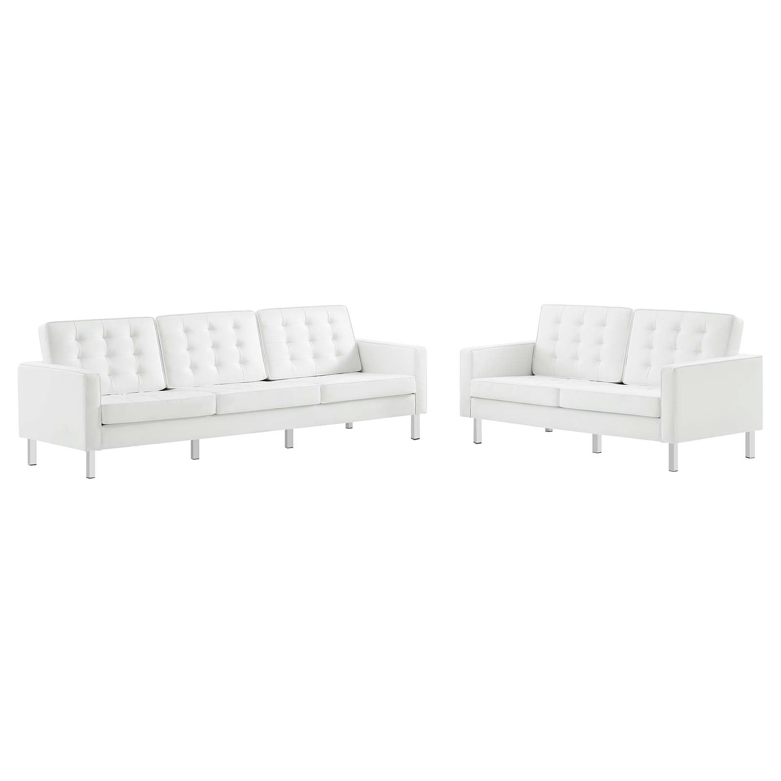 Modway Living Room Sets - Loft Tufted Upholstered Faux Leather Sofa and Loveseat Set Silver White