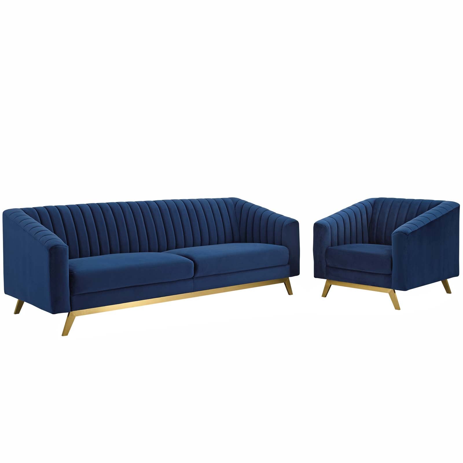 Modway Living Room Sets - Valiant Vertical Velvet Sofa and Armchair Set Navy