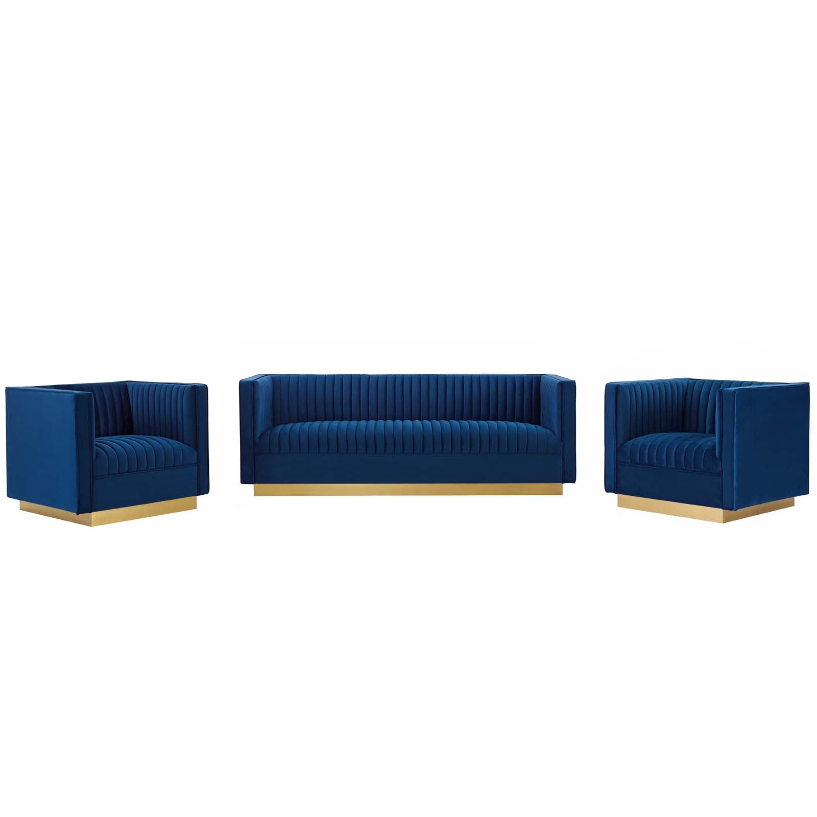 Modway Living Room Sets - Sanguine 3 Piece Vertical Channel Tufted Velvet Set Navy